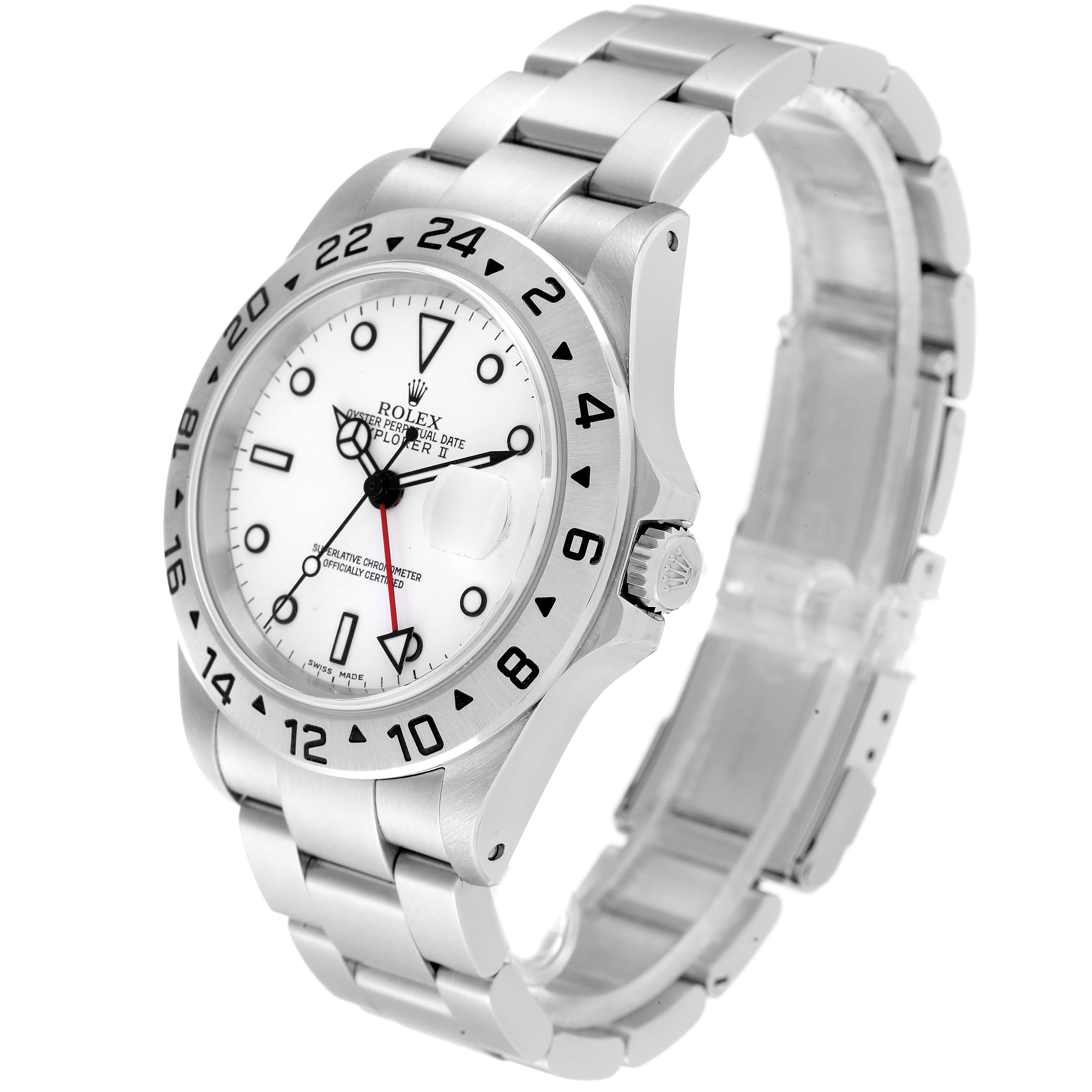 The image shows a Rolex Explorer 16570 Men
s Stainless Steel White Dial 16570 Men
s Stainless Steel White Dial watch at a three-quarter angle, highlighting the face, bezel, crown, and bracelet.