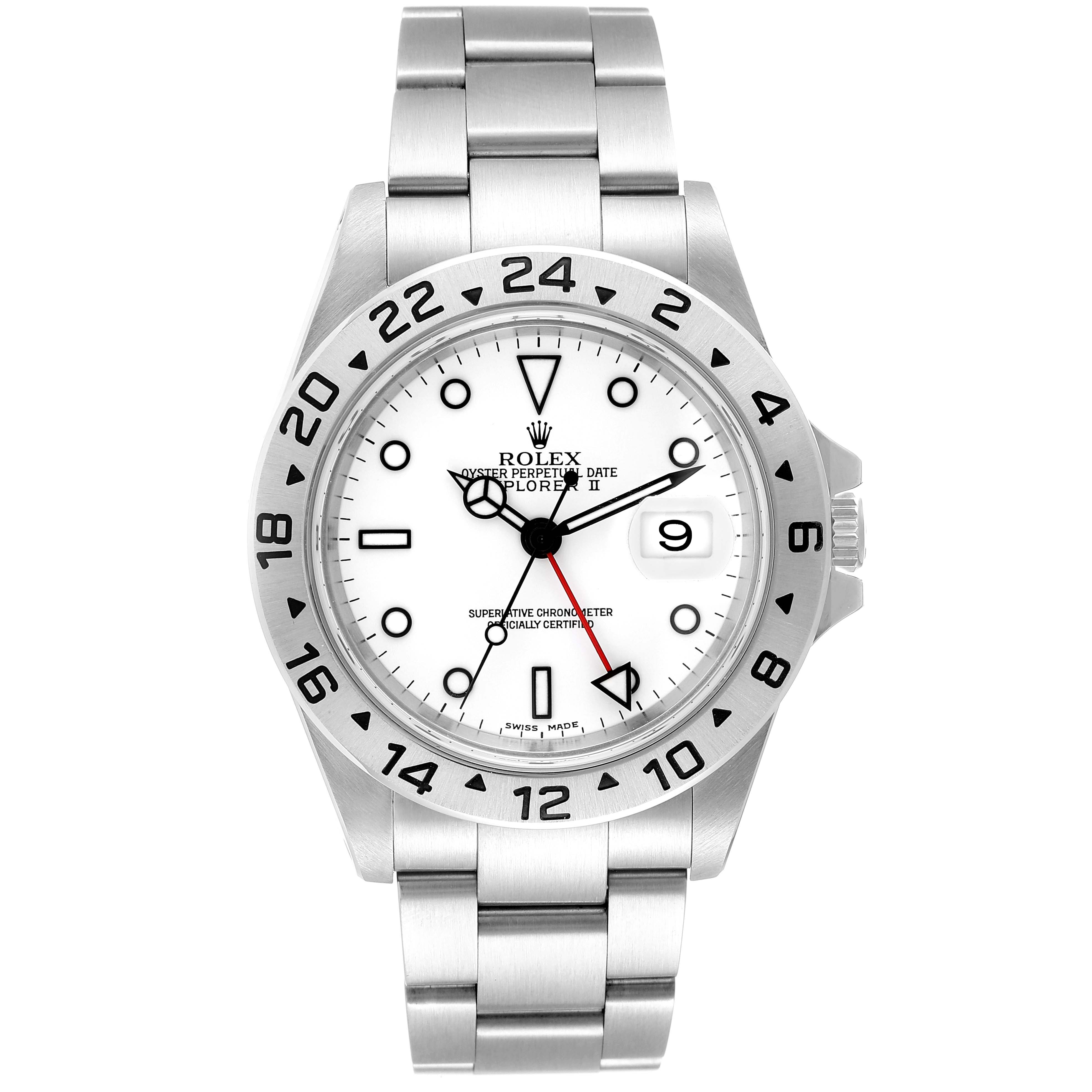 This is a front view of a Rolex Explorer 16570 Men
s Stainless Steel White Dial 16570 Men
s Stainless Steel White Dial watch, showing the face, bezel, and stainless steel bracelet.