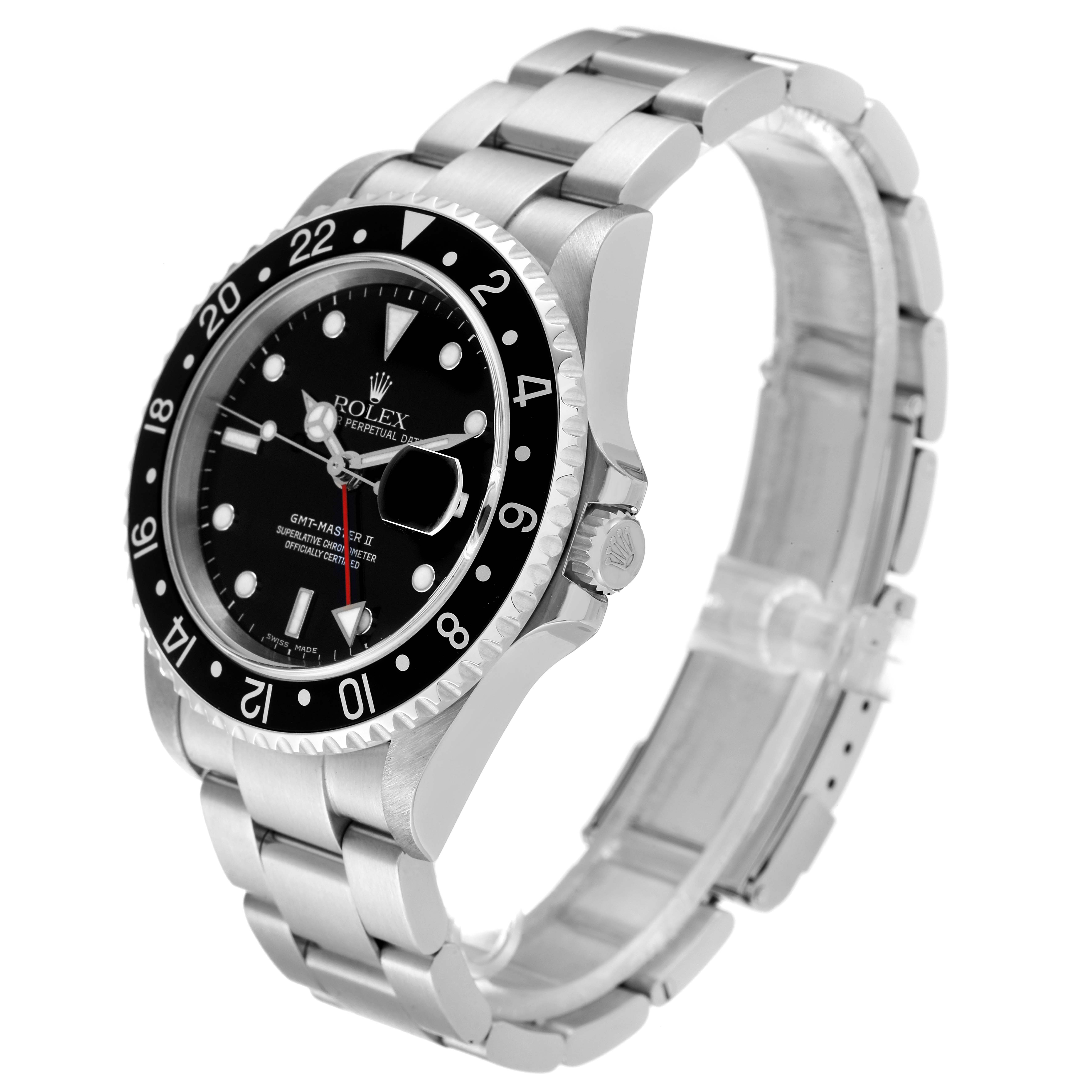 The Rolex GMT-Master 16710 Men
s Stainless Steel Black Dial 16710 Men
s Stainless Steel Black Dial watch is shown at a slight angle displaying its face, bezel, crown, and bracelet.