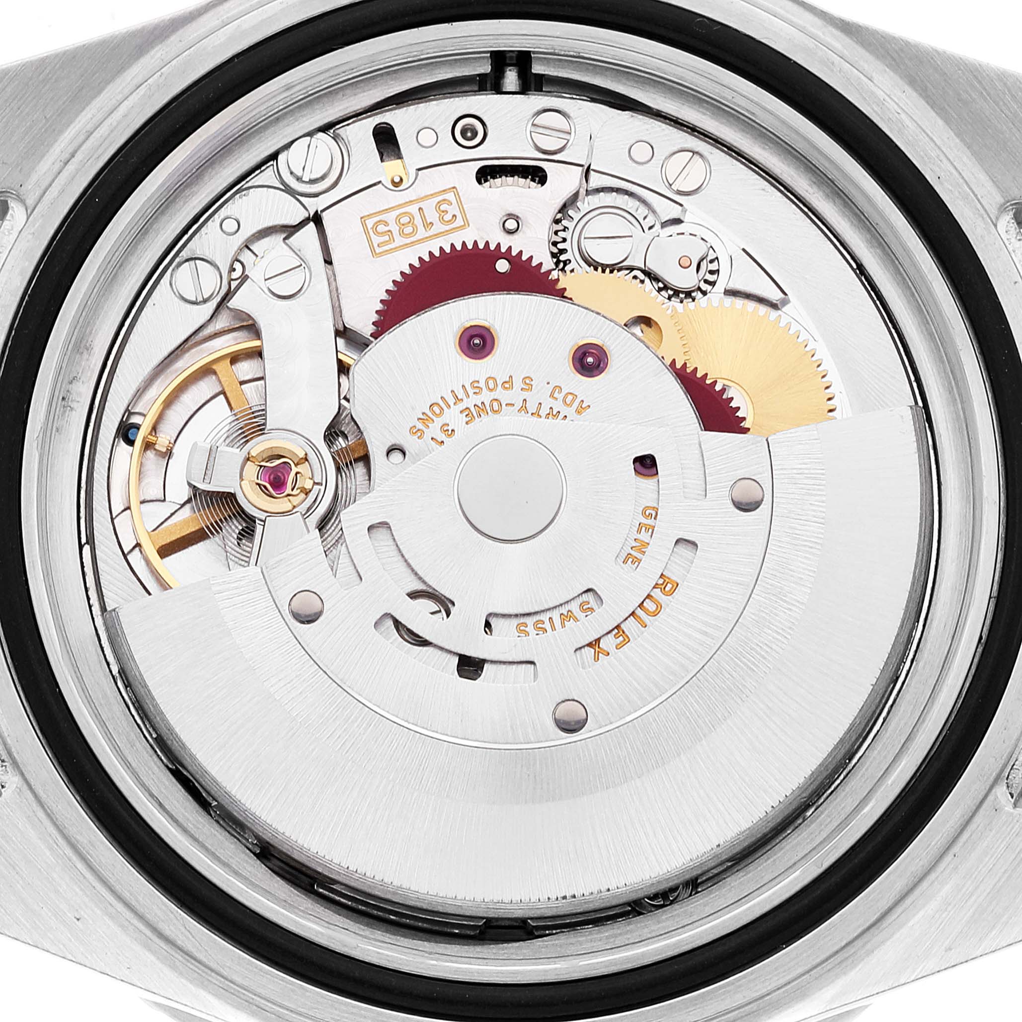 This close-up image shows the exposed movement of a Rolex GMT-Master 16710 Men
s Stainless Steel Black Dial 16710 Men
s Stainless Steel Black Dial watch.