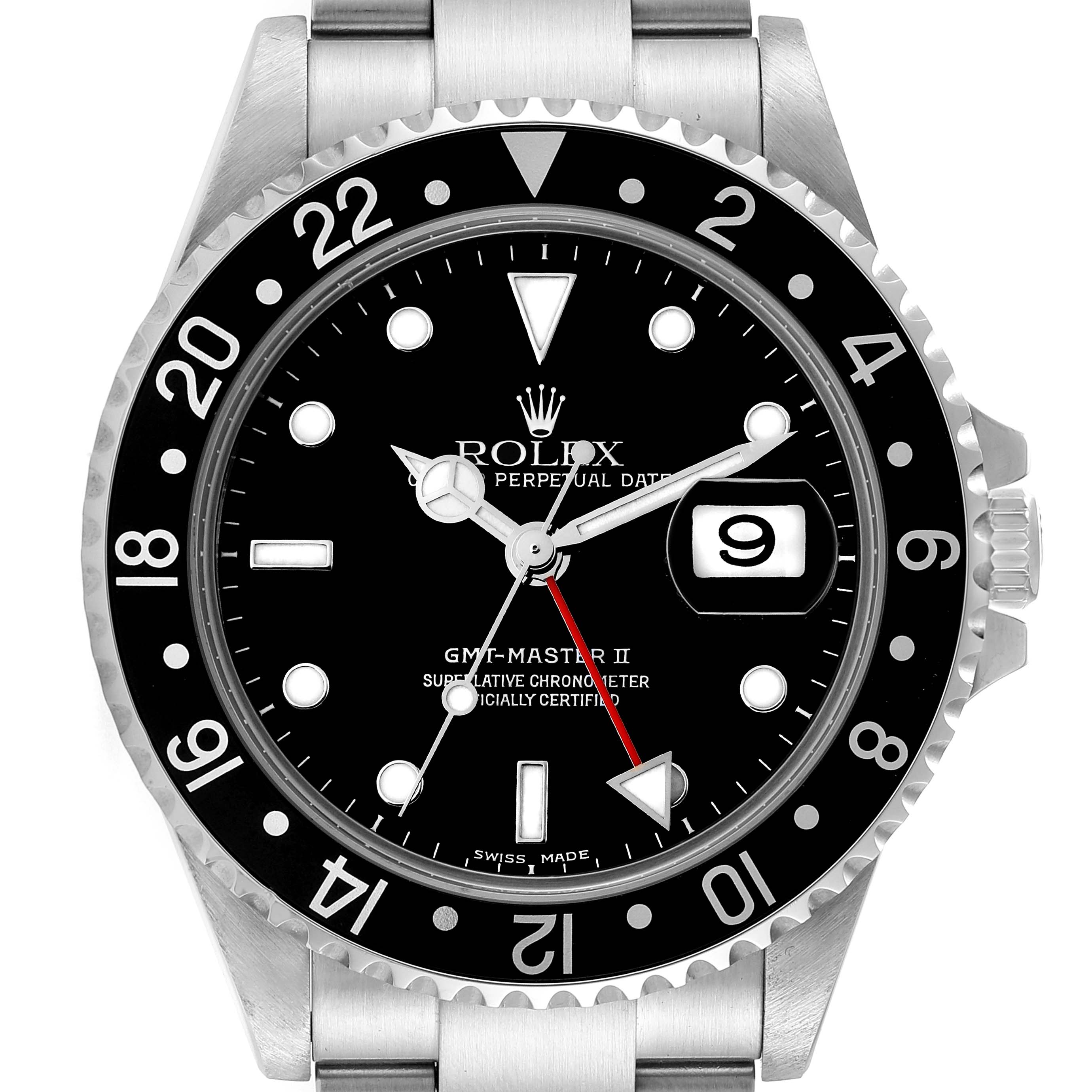 The image shows a front view of a Rolex GMT-Master 16710 Men
s Stainless Steel Black Dial 16710 Men
s Stainless Steel Black Dial II watch, displaying the dial, bezel, and part of the bracelet.