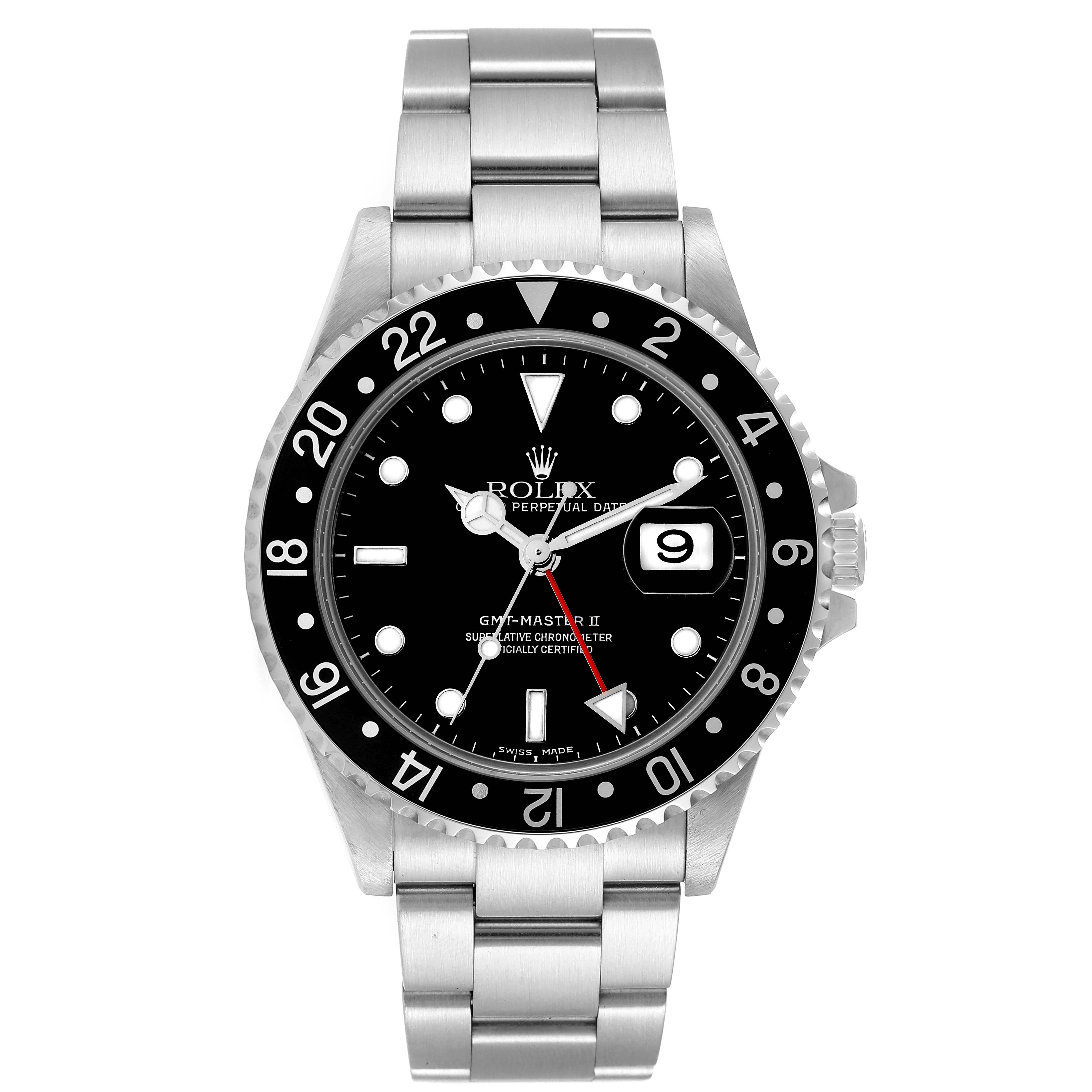 The image shows a front view of a Rolex GMT-Master 16710 Men
s Stainless Steel Black Dial 16710 Men
s Stainless Steel Black Dial II watch, displaying its face, bezel, and metal bracelet.