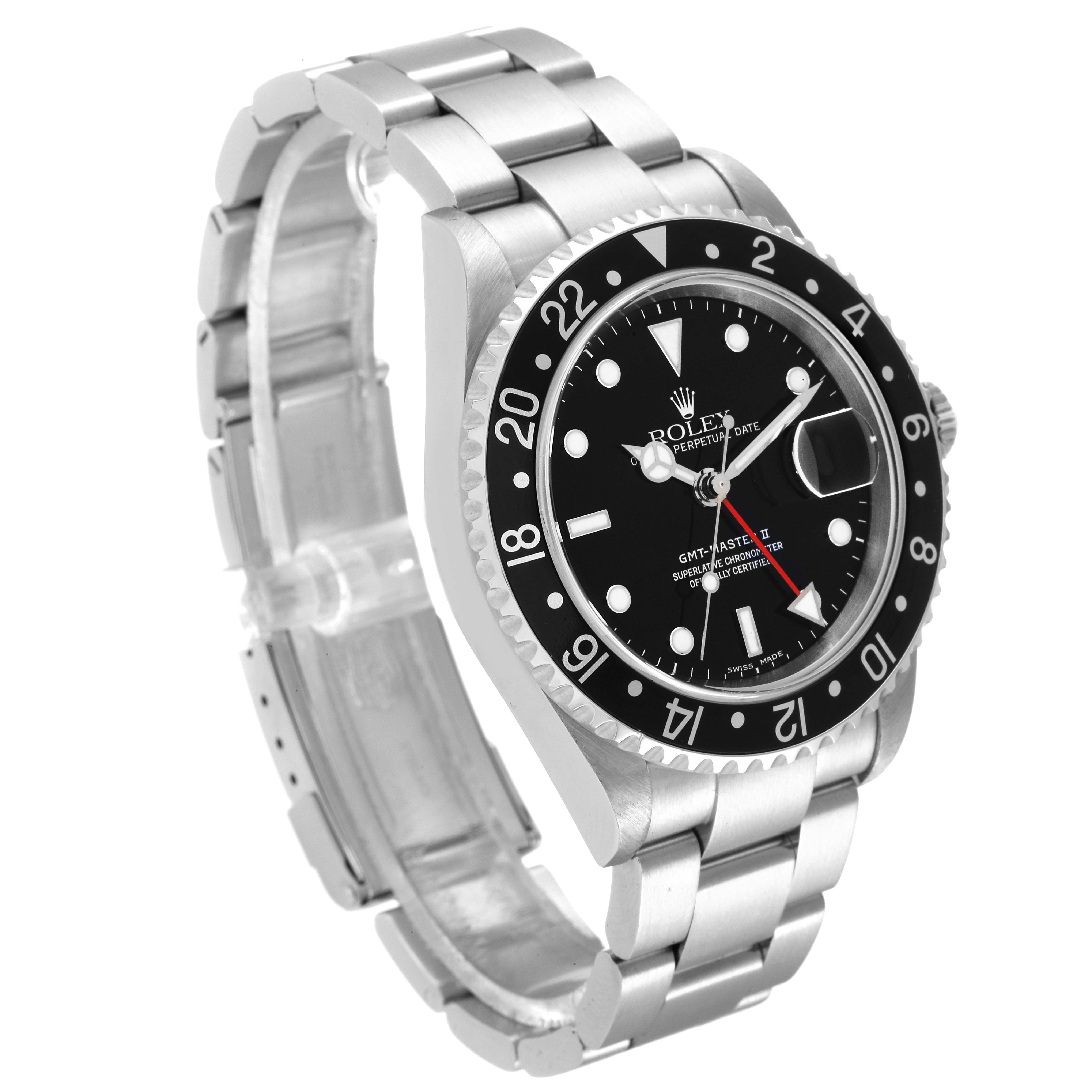 The Rolex GMT-Master 16710 Men
s Stainless Steel Black Dial 16710 Men
s Stainless Steel Black Dial watch is shown at a three-quarter angle, highlighting its black dial, bezel, and stainless steel bracelet.