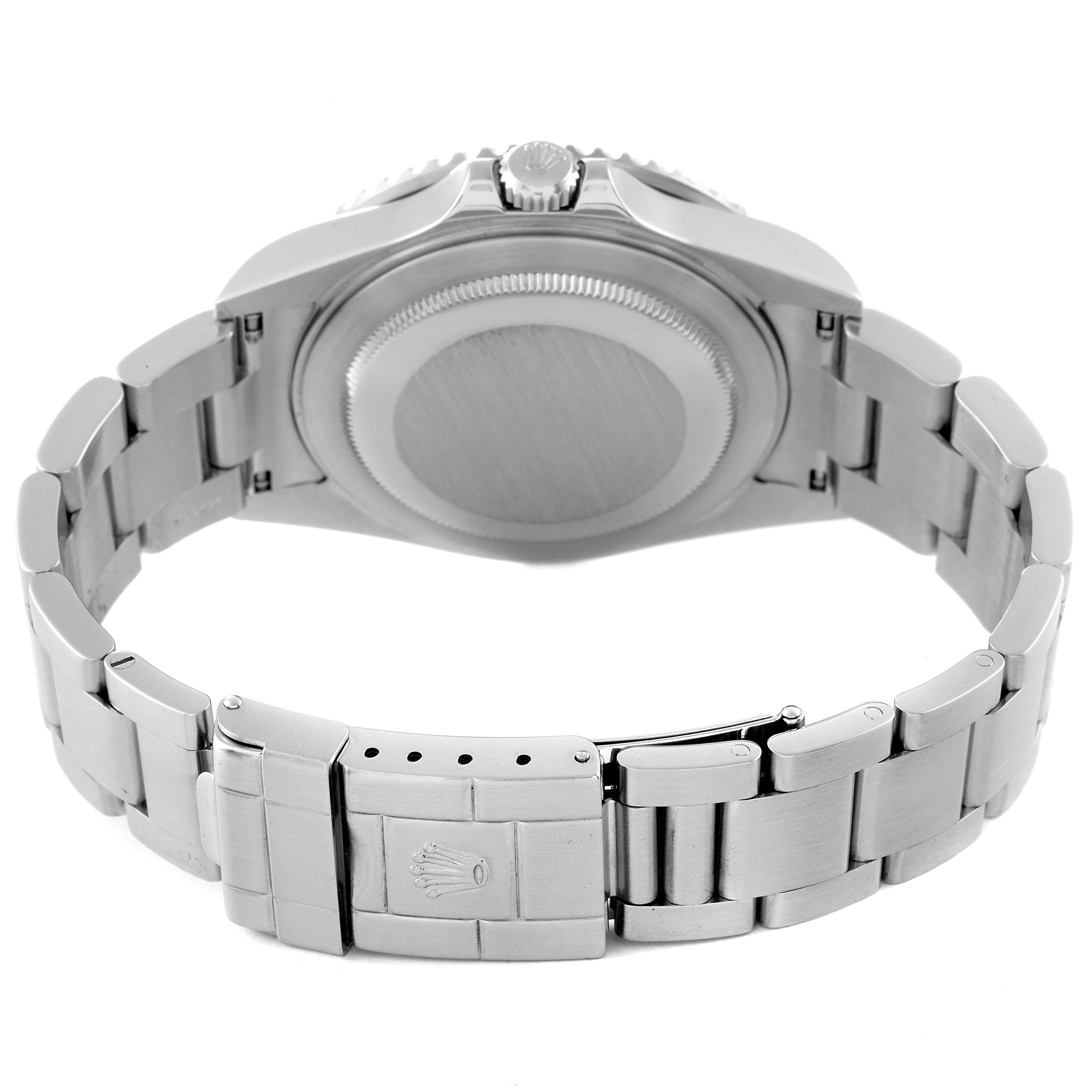 This image shows the back case, crown, and clasp of a Rolex GMT-Master 16710 Men
s Stainless Steel Black Dial 16710 Men
s Stainless Steel Black Dial watch from a rear angle.