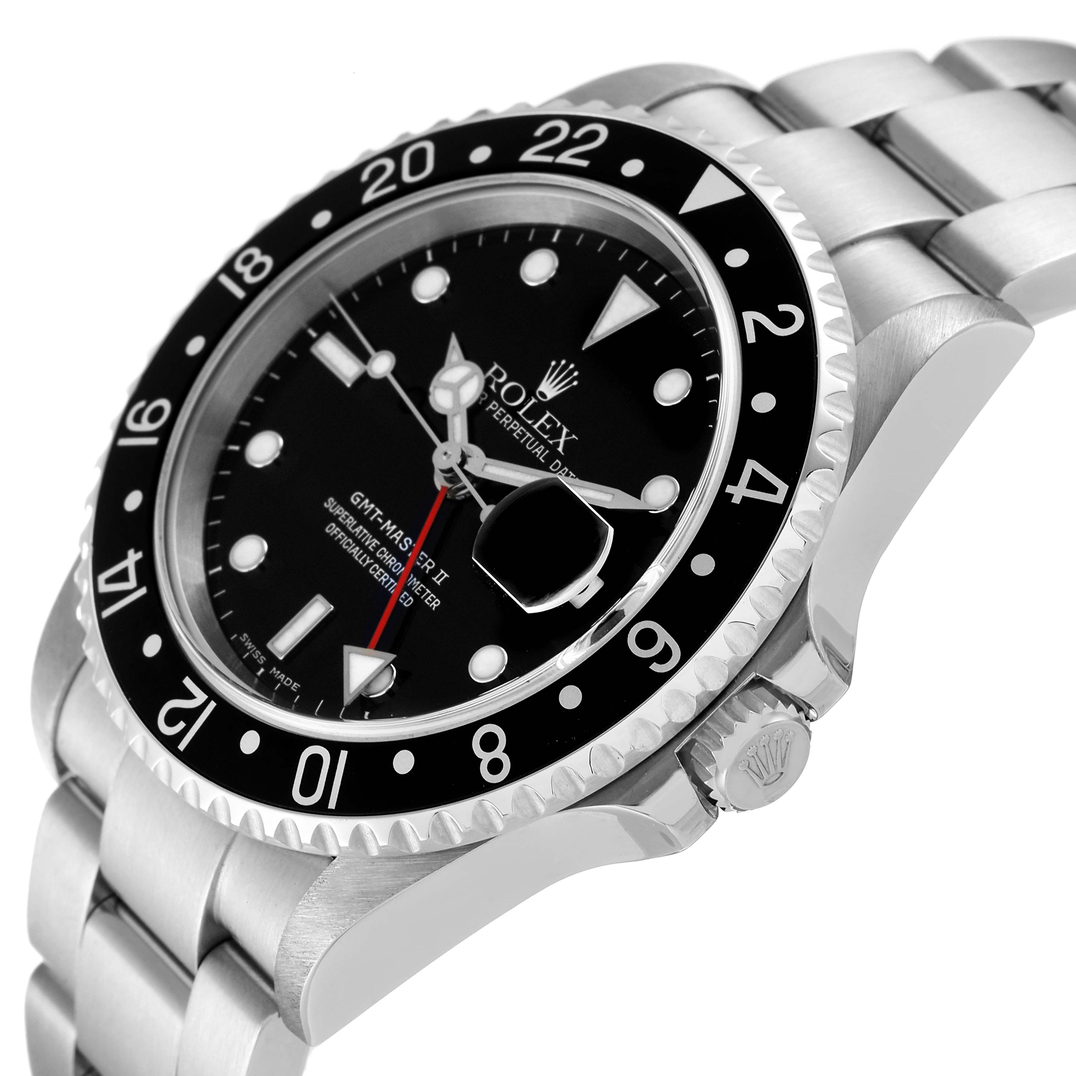 This close-up image shows the Rolex GMT-Master 16710 Men
s Stainless Steel Black Dial 16710 Men
s Stainless Steel Black Dial II watch face, bezel, crown, and part of the bracelet at an angle.