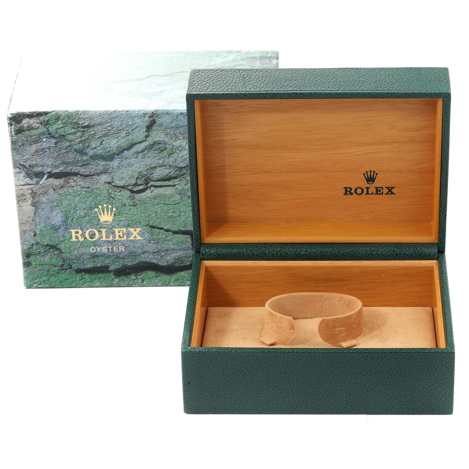 The image shows an open green Rolex box and its outer case for a GMT-Master model, with the inner cushion on display.