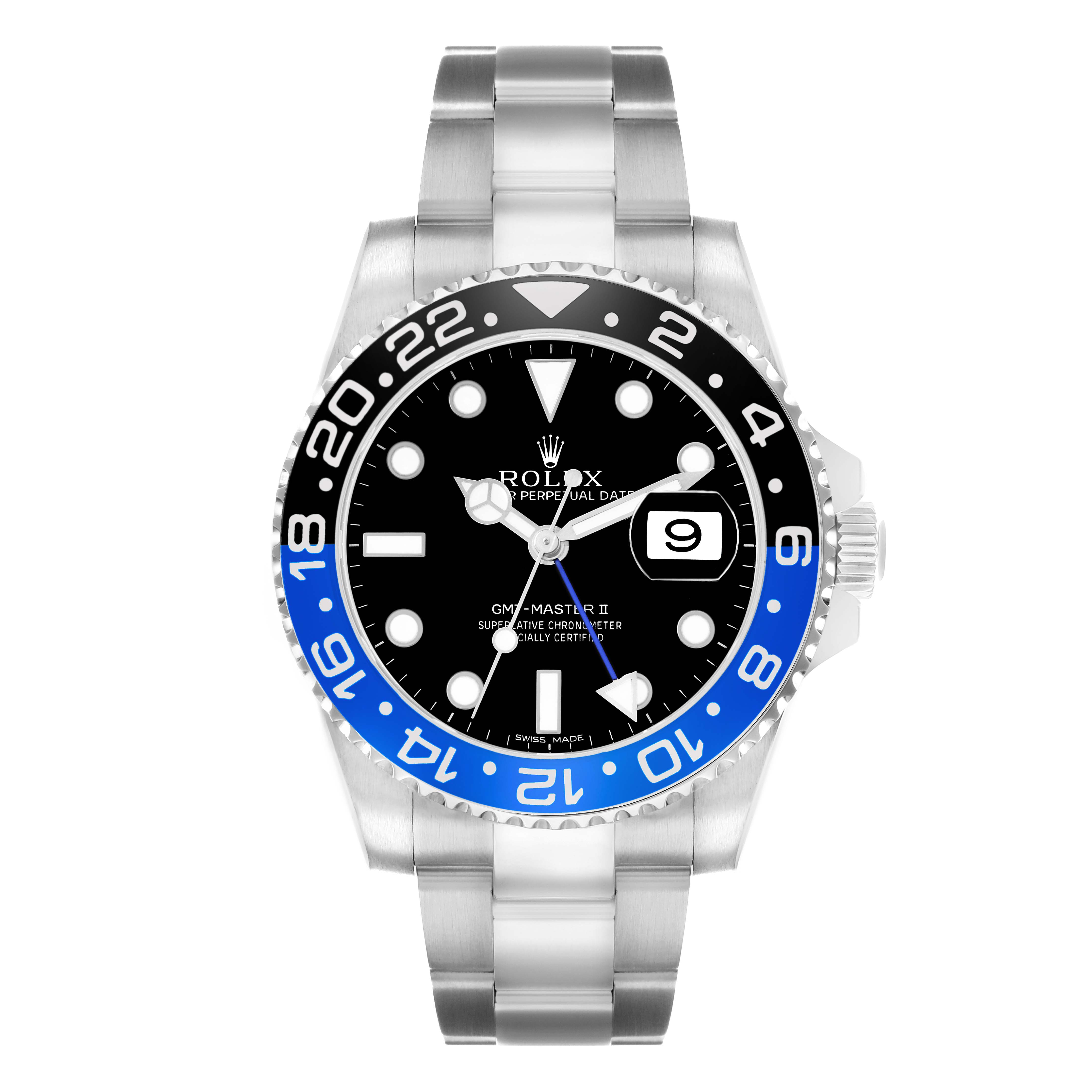 The image shows a front view of the Rolex GMT-Master 116710 Men
s Stainless Steel Black Dial II, displaying the bezel, dial, hands, and bracelet.