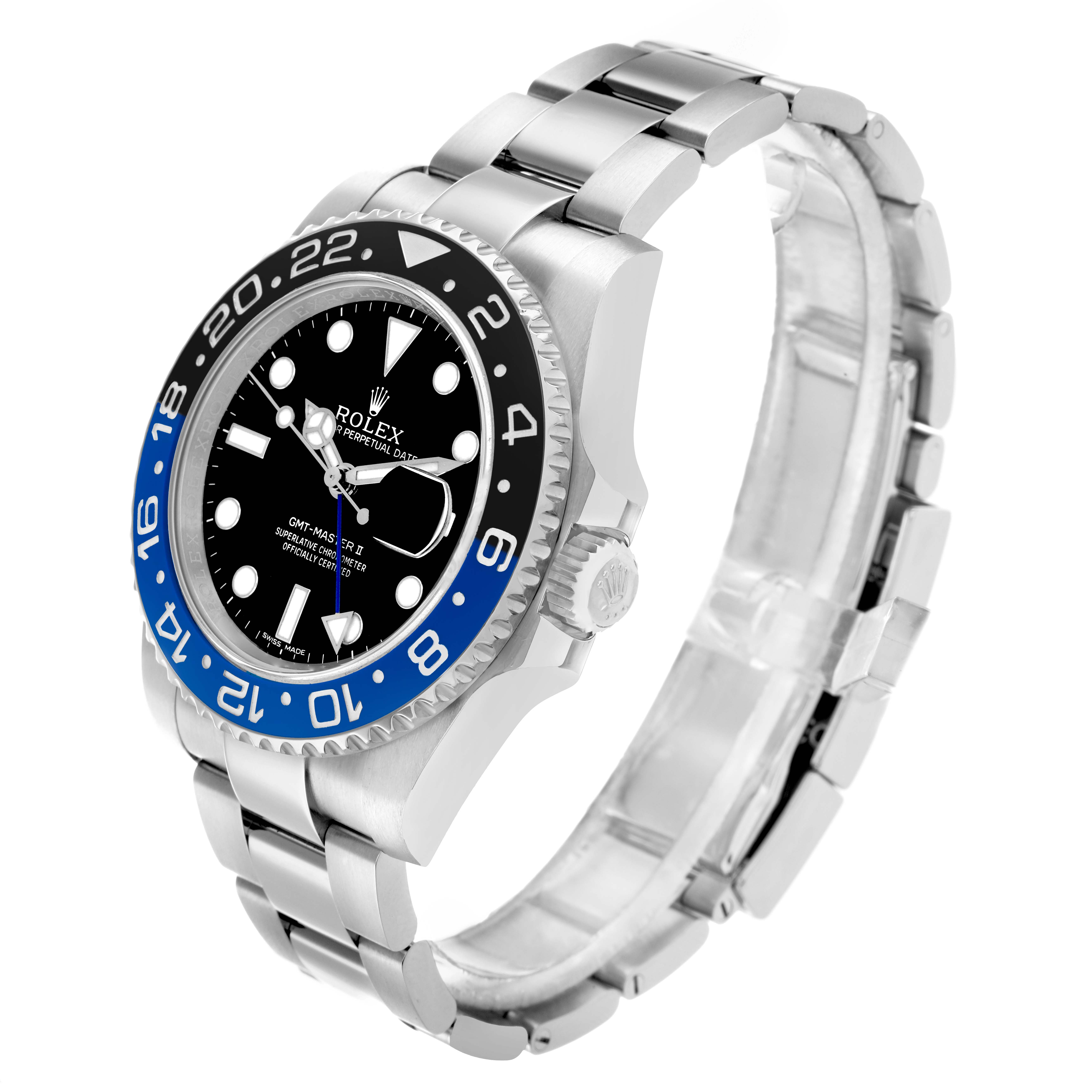The Rolex GMT-Master 116710 Men
s Stainless Steel Black Dial watch is shown at a three-quarter angle, highlighting the face, bezel, crown, and bracelet.