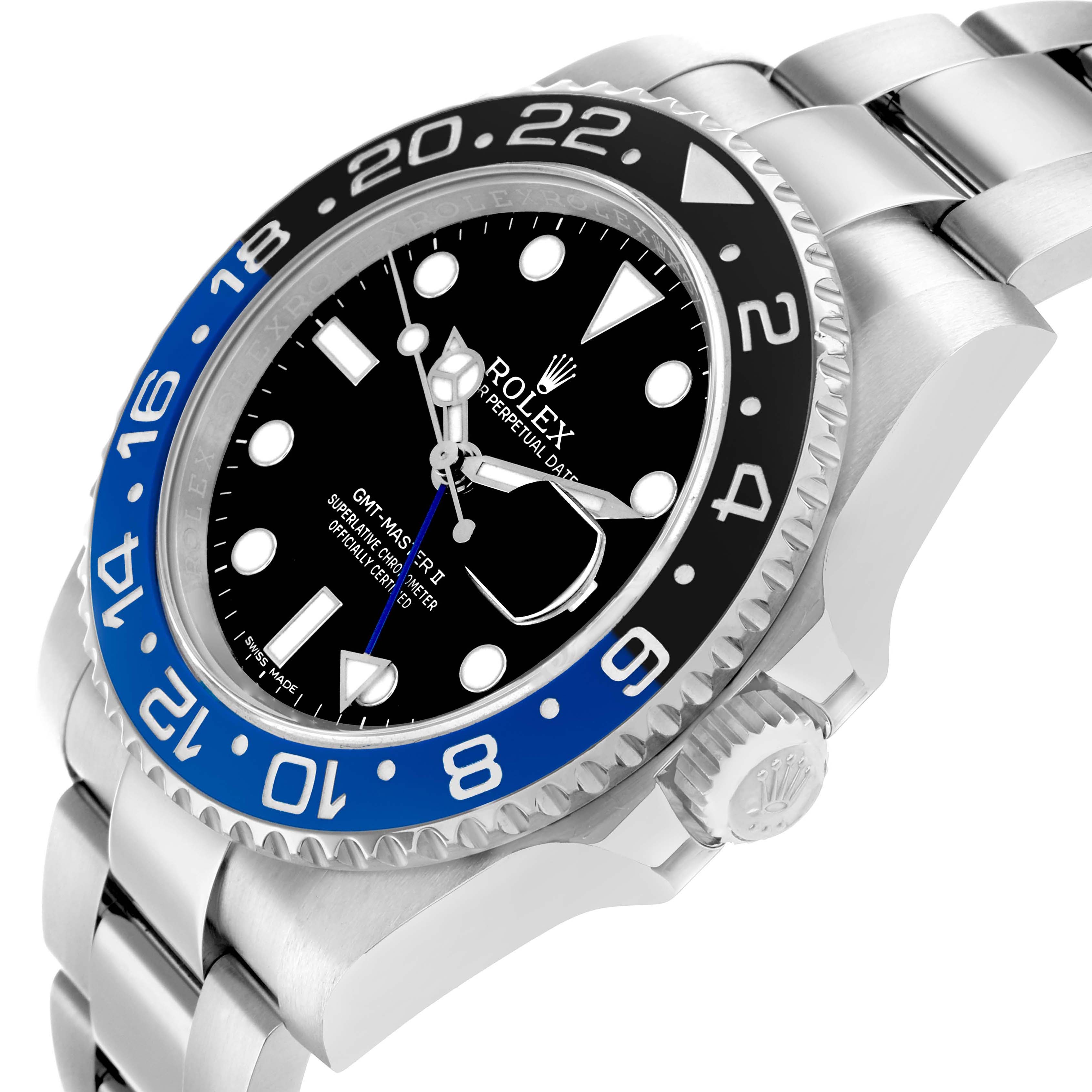 The Rolex GMT-Master 116710 Men
s Stainless Steel Black Dial watch is shown at an angled side view, highlighting the black and blue bezel, crown, and stainless steel bracelet.