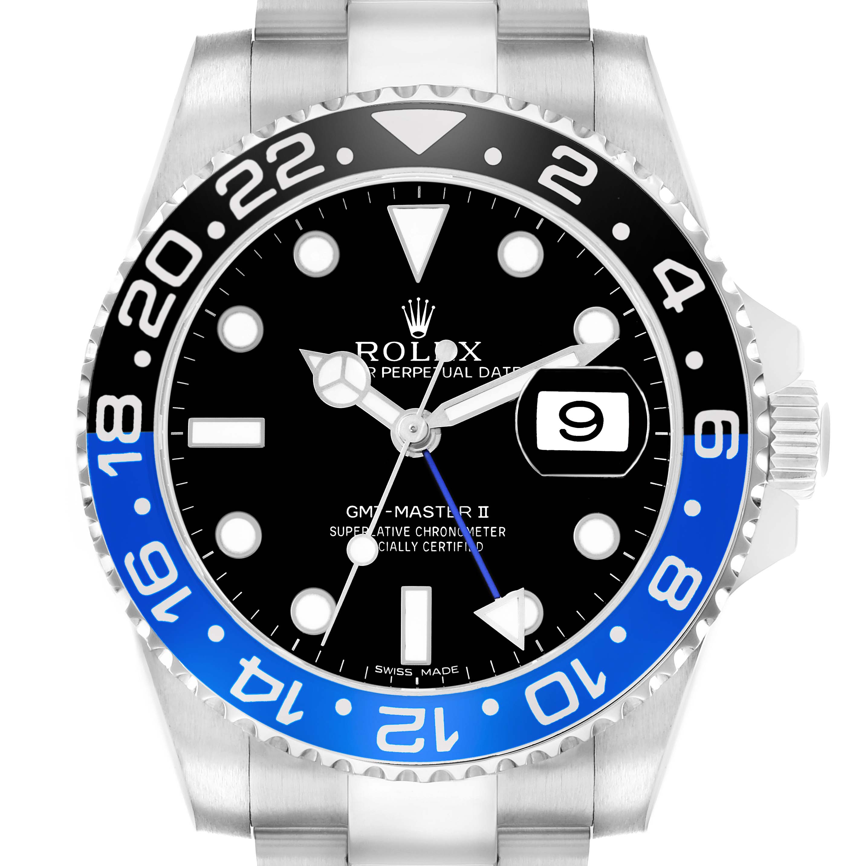 The Rolex GMT-Master 116710 Men
s Stainless Steel Black Dial II is shown from a front angle, displaying the face, hands, bezel, and part of the bracelet.