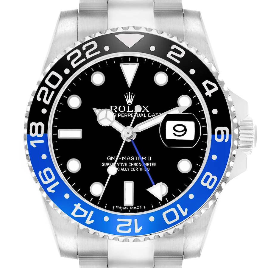 The Rolex GMT-Master 116710 Men's Stainless Steel Black Dial II is shown from a front angle, displaying the face, hands, bezel, and part of the bracelet.