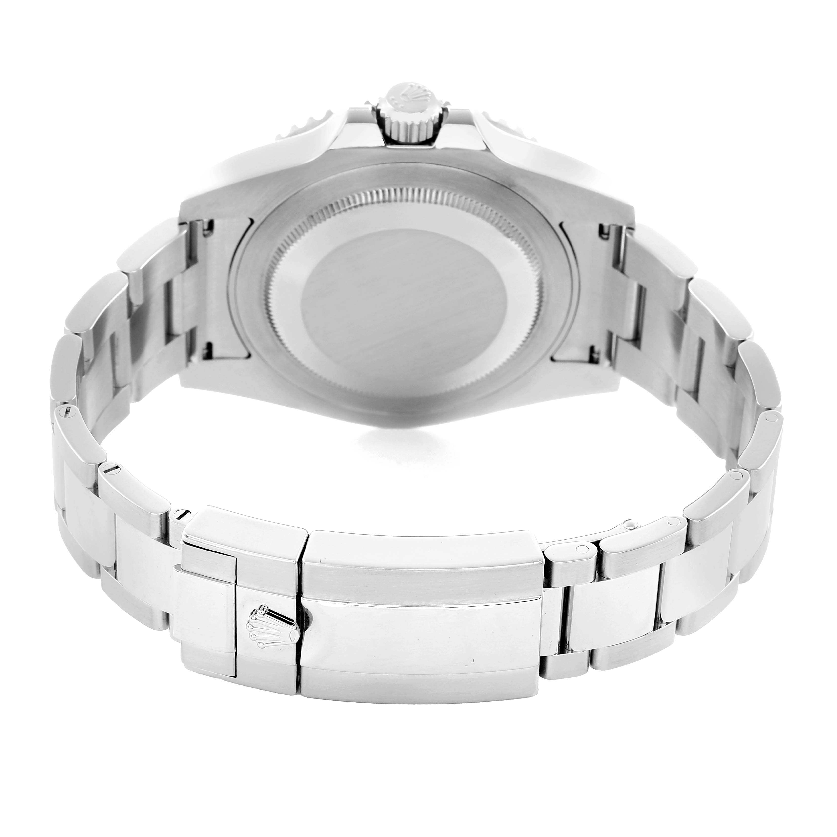 The image shows the back of a Rolex GMT-Master 116710 Men
s Stainless Steel Black Dial watch, highlighting its case back, bracelet, and clasp.