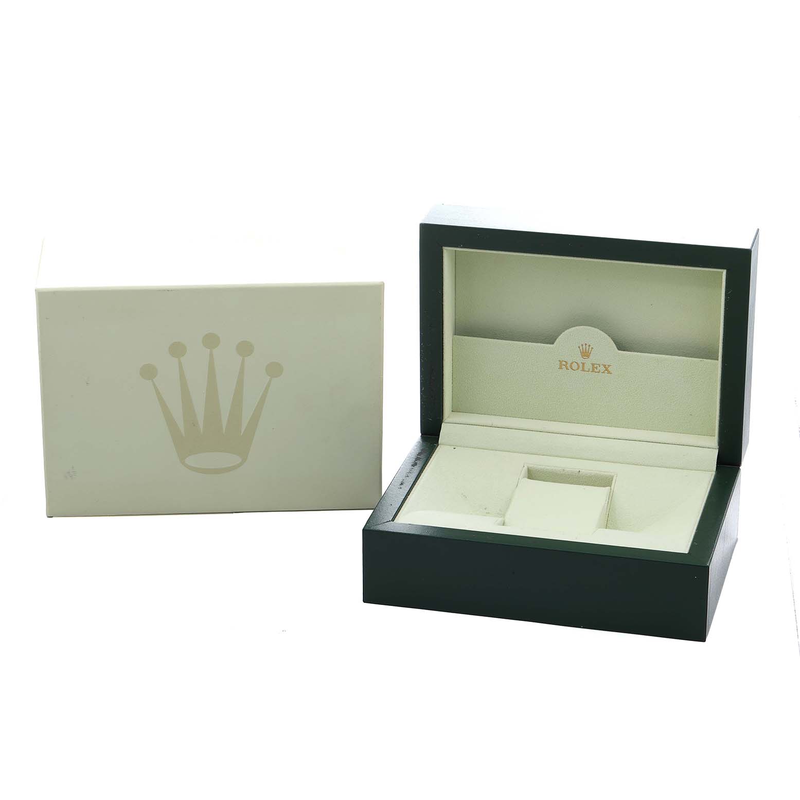 The image shows the open and closed presentation boxes for a Rolex GMT-Master 116710 Men
s Stainless Steel Black Dial watch, featuring the brand
s logo.