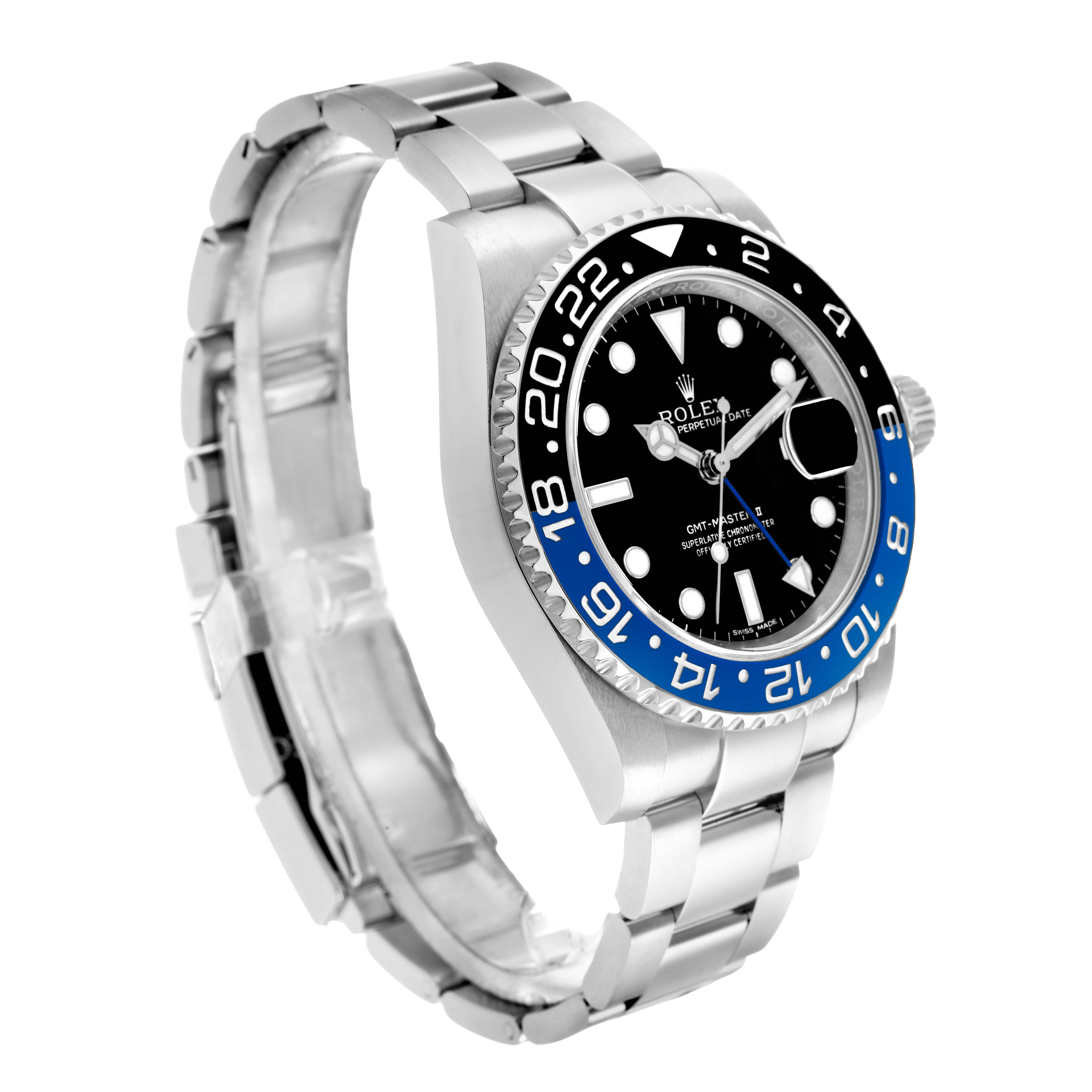 The Rolex GMT-Master 116710 Men
s Stainless Steel Black Dial watch is shown at a three-quarter angle, highlighting its bezel, dial, and bracelet.