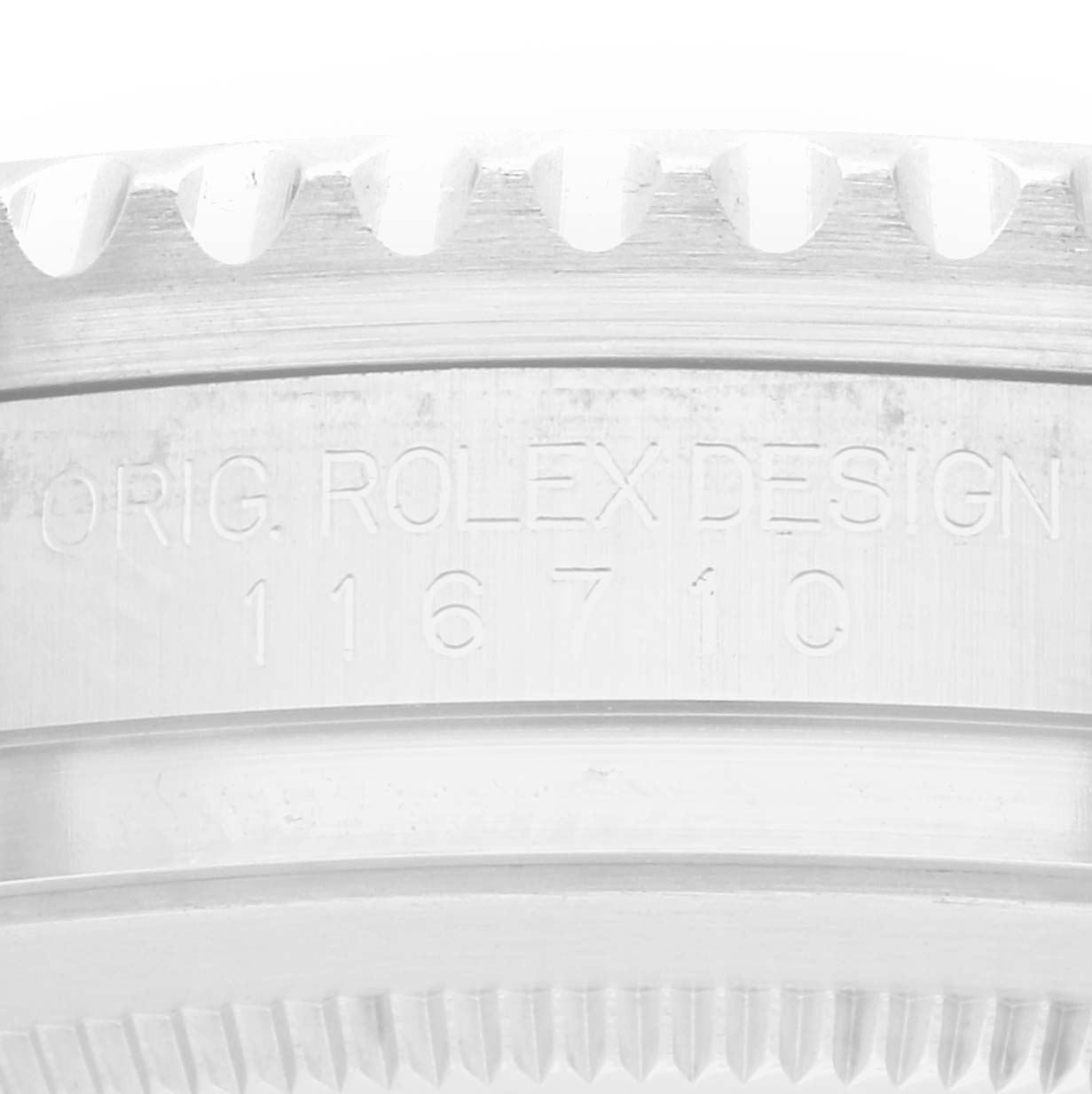 The image shows the side view of the casing with engraved text on a Rolex GMT-Master 116710 Men
s Stainless Steel Black Dial model, highlighting the design number.