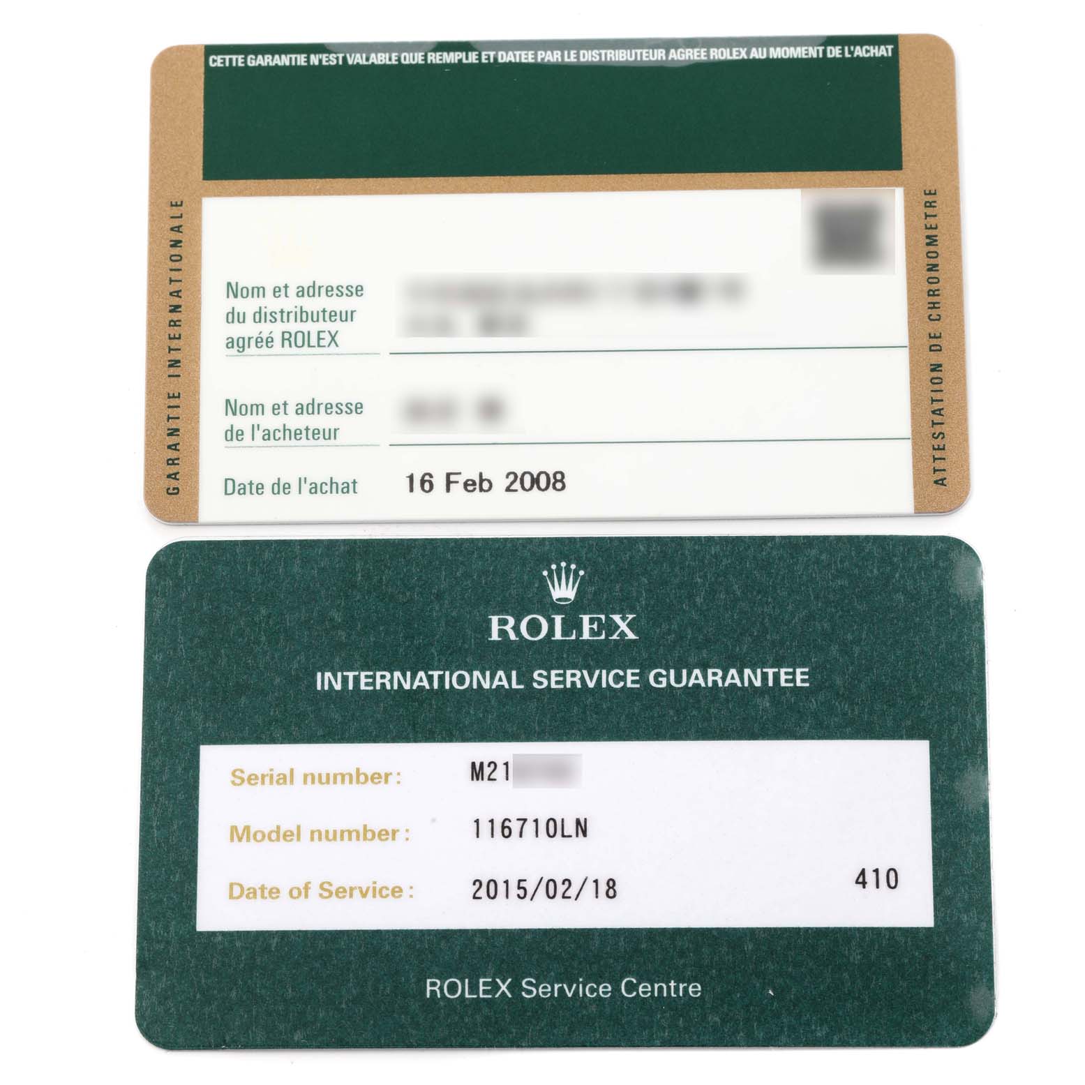 This image shows the guarantee cards for the Rolex GMT-Master 116710 Men
s Stainless Steel Black Dial 116710 Men
s Stainless Steel Black Dial model, including purchase and service details.