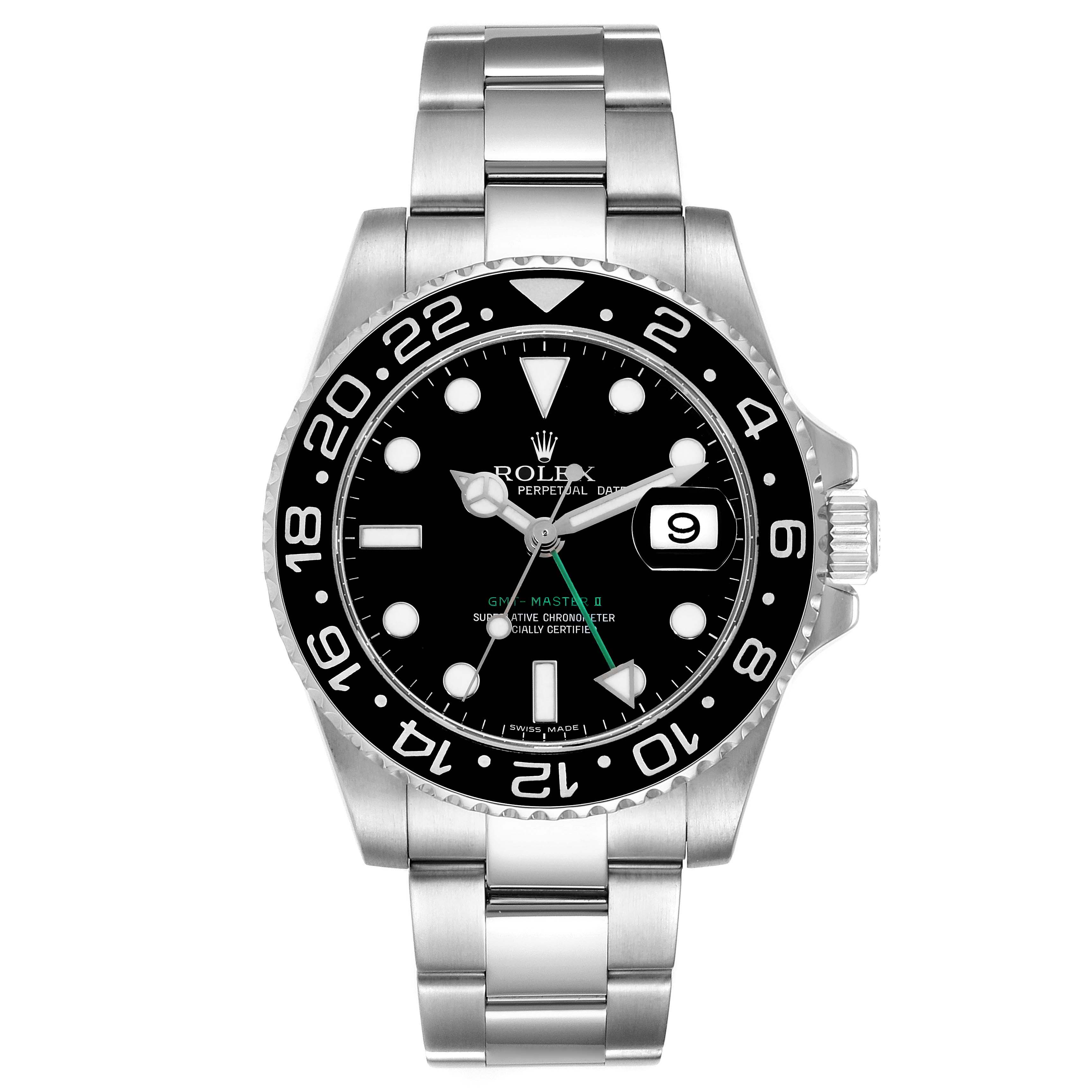 This image shows a front view of the Rolex GMT-Master 116710 Men
s Stainless Steel Black Dial 116710 Men
s Stainless Steel Black Dial II watch, including its bezel, dial, and bracelet.