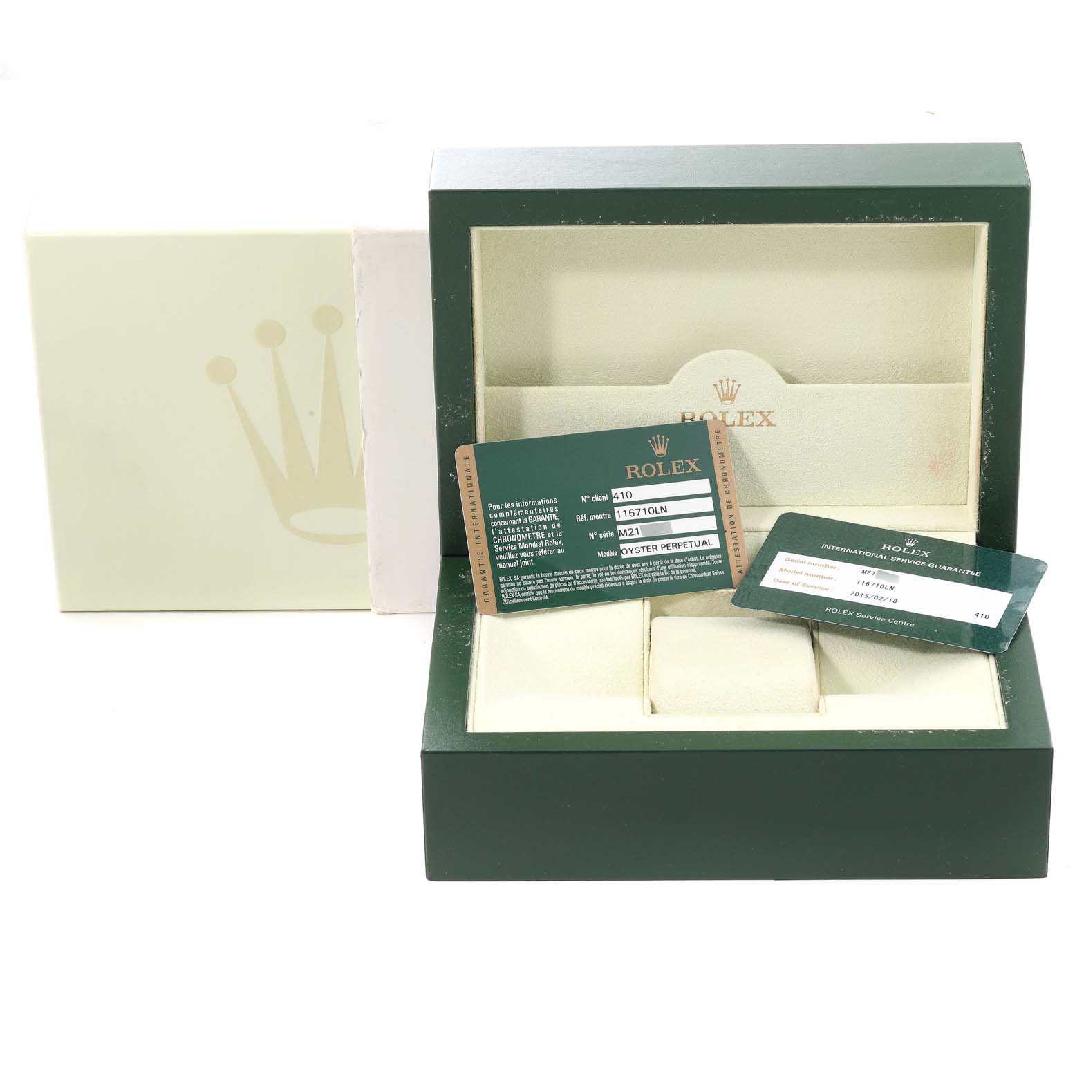 This image shows a Rolex GMT-Master 116710 Men
s Stainless Steel Black Dial 116710 Men
s Stainless Steel Black Dial box with warranty cards, from a front angle.