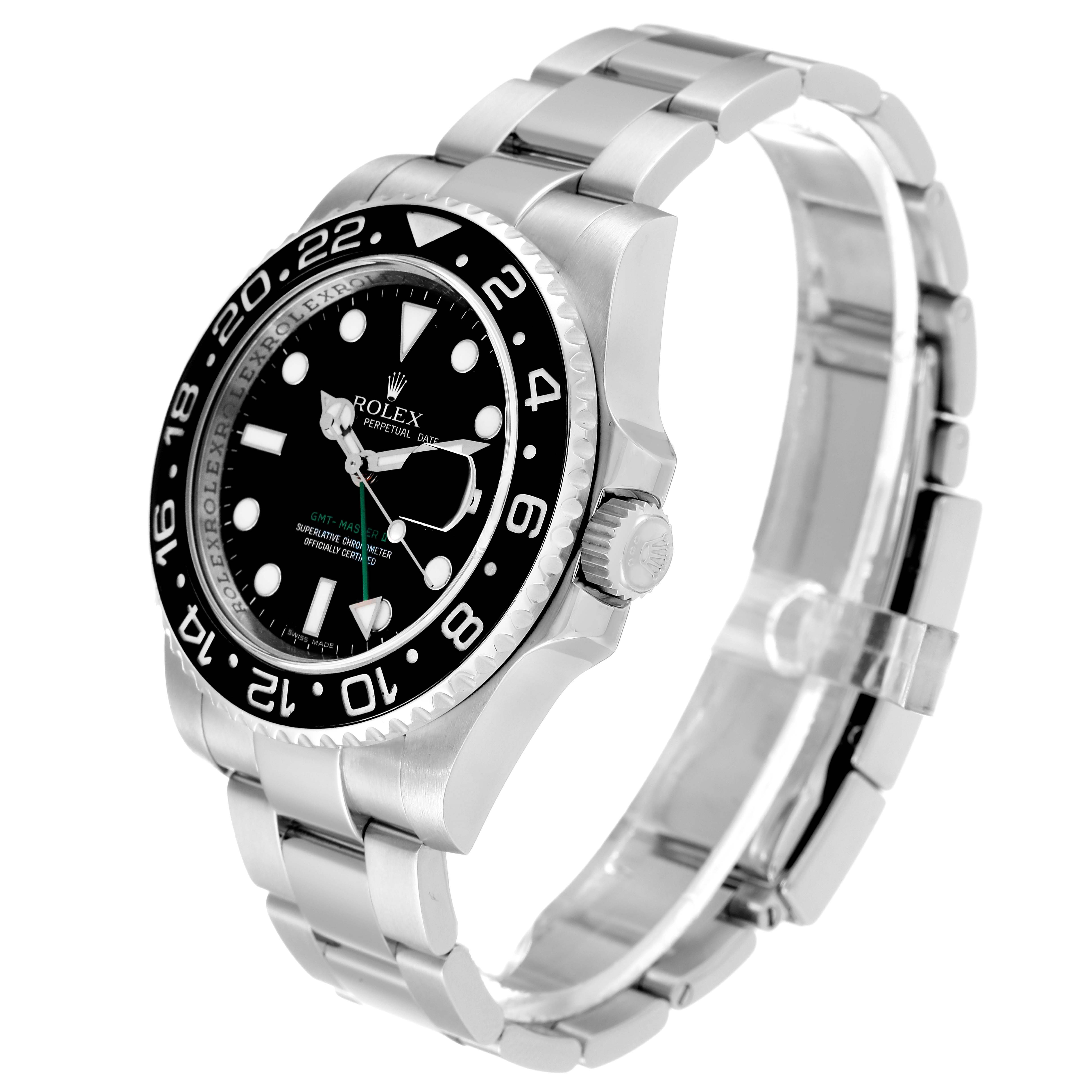 The image shows a side-angle view of a Rolex GMT-Master 116710 Men
s Stainless Steel Black Dial 116710 Men
s Stainless Steel Black Dial watch, highlighting its dial, bezel, and stainless steel bracelet.