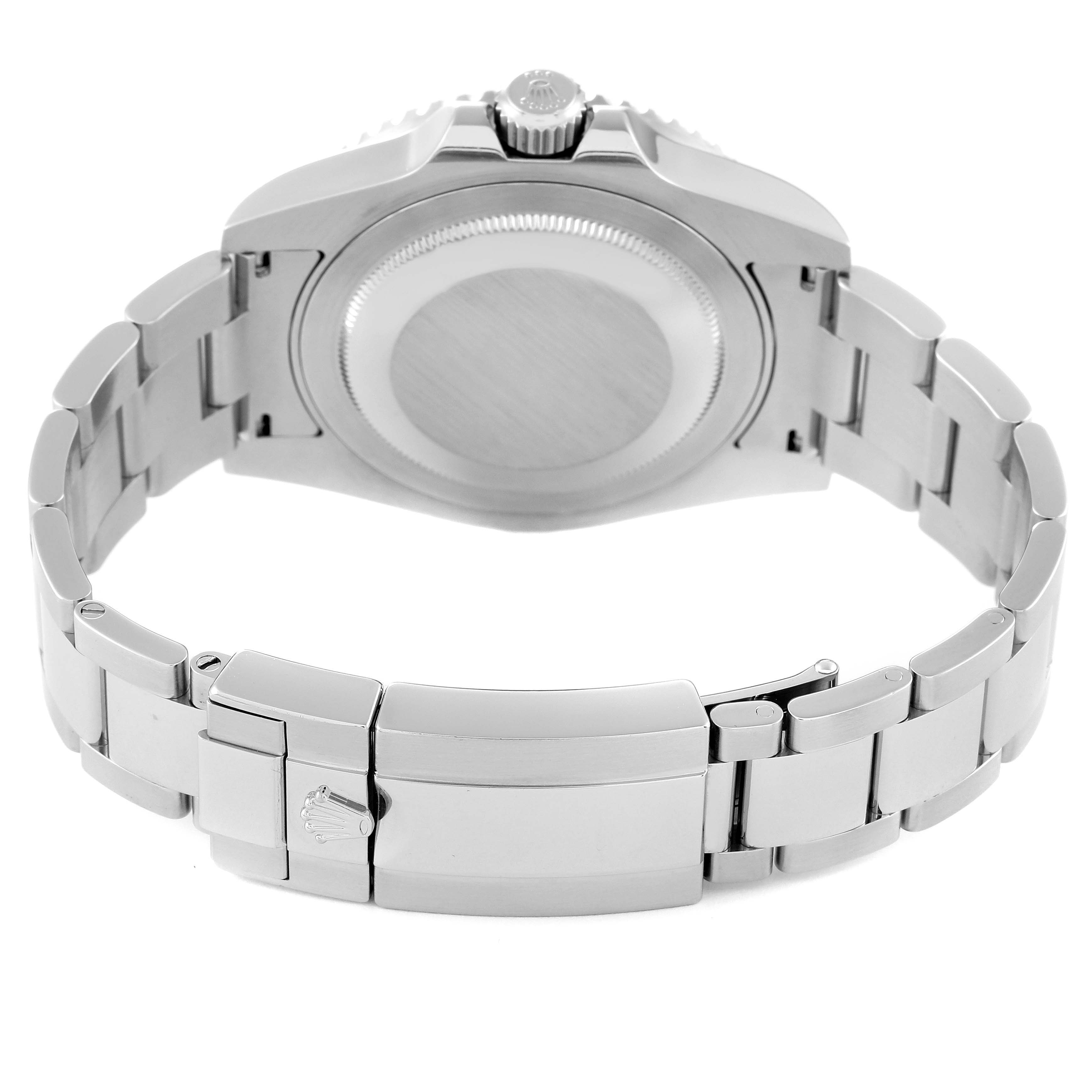 This image shows the Rolex GMT-Master 116710 Men
s Stainless Steel Black Dial 116710 Men
s Stainless Steel Black Dial watch from the back, highlighting the case back and bracelet with clasp.