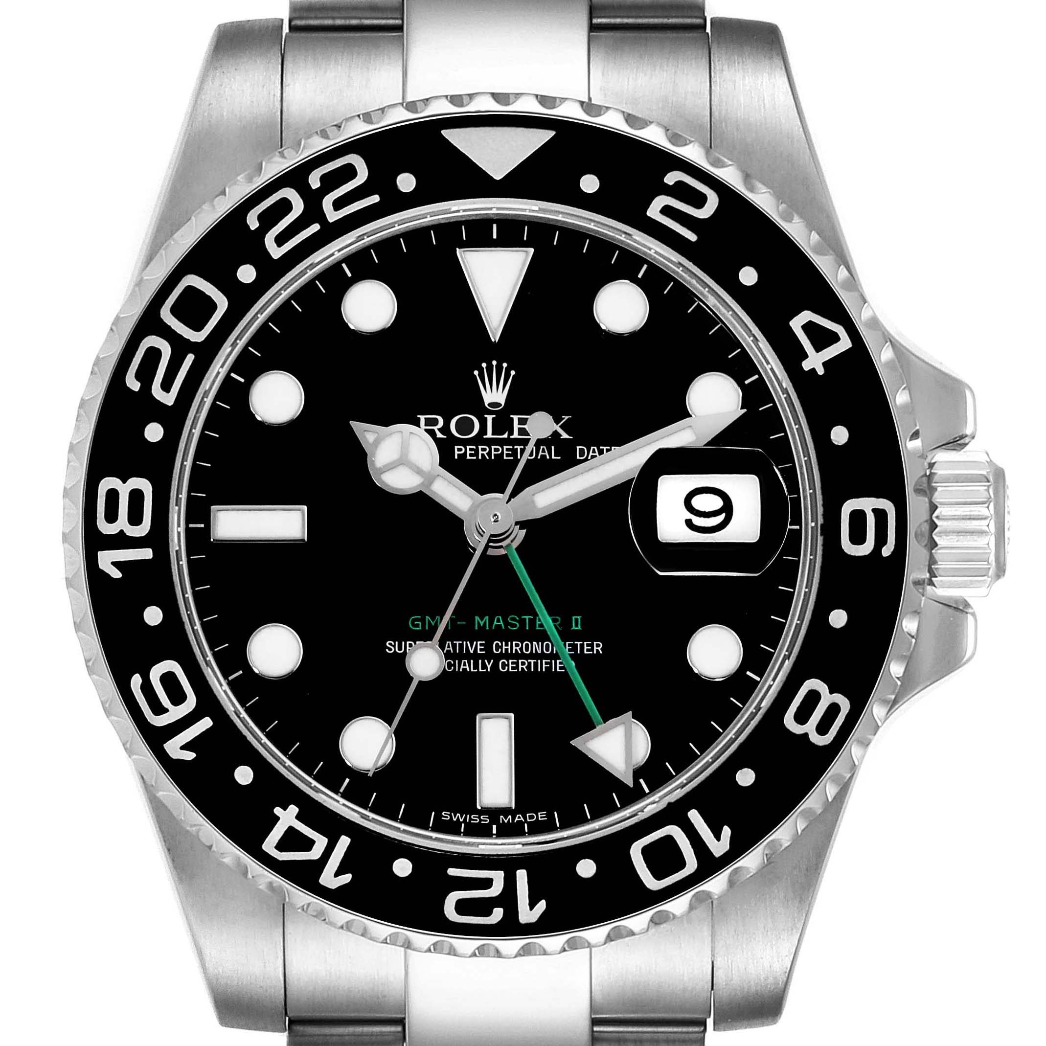 The image shows a close-up frontal view of the face of a Rolex GMT-Master 116710 Men
s Stainless Steel Black Dial 116710 Men
s Stainless Steel Black Dial II watch, detailing the dial, hands, and bezel.