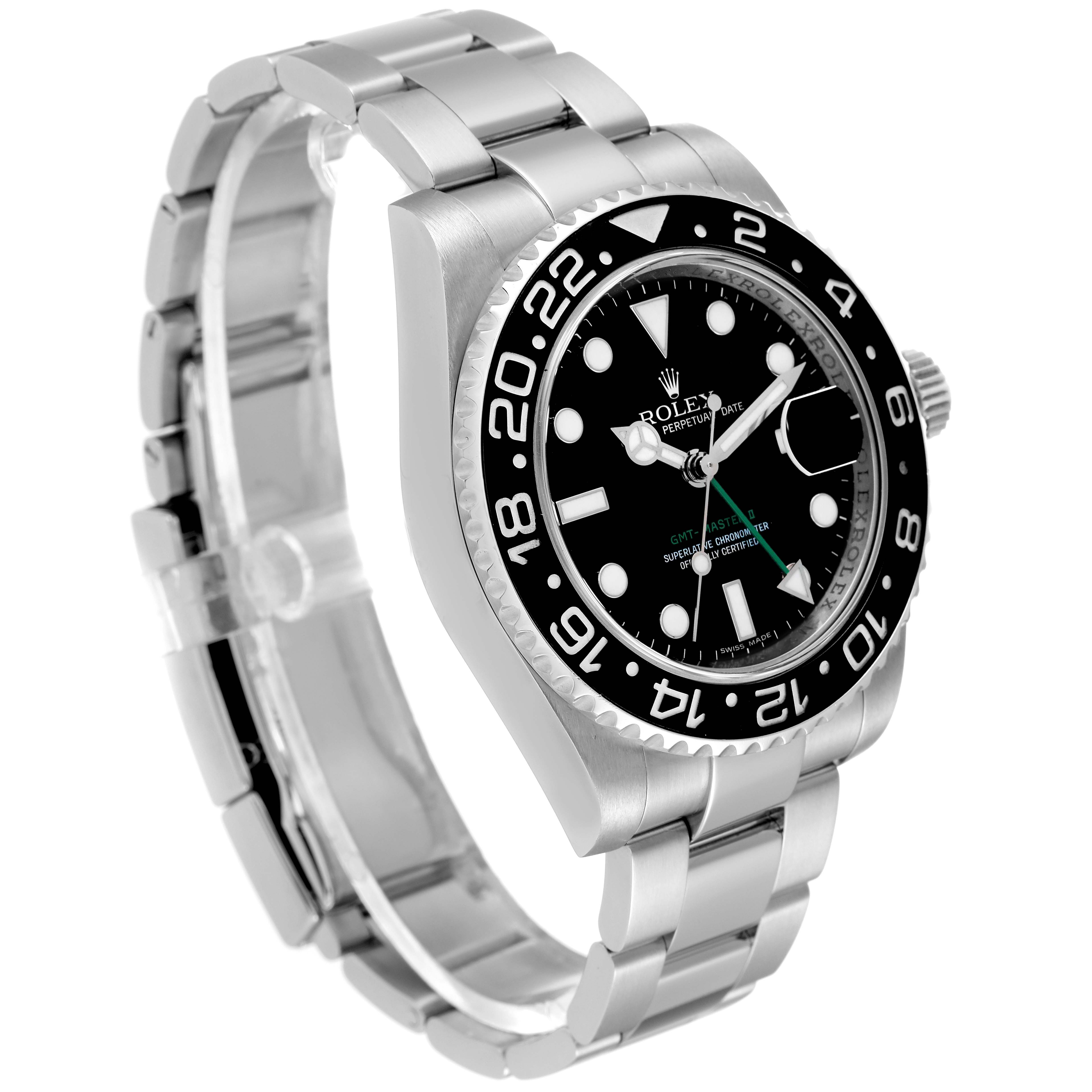 The image shows a side and front angled view of a Rolex GMT-Master 116710 Men
s Stainless Steel Black Dial 116710 Men
s Stainless Steel Black Dial watch, highlighting its face, bezel, and metal bracelet.