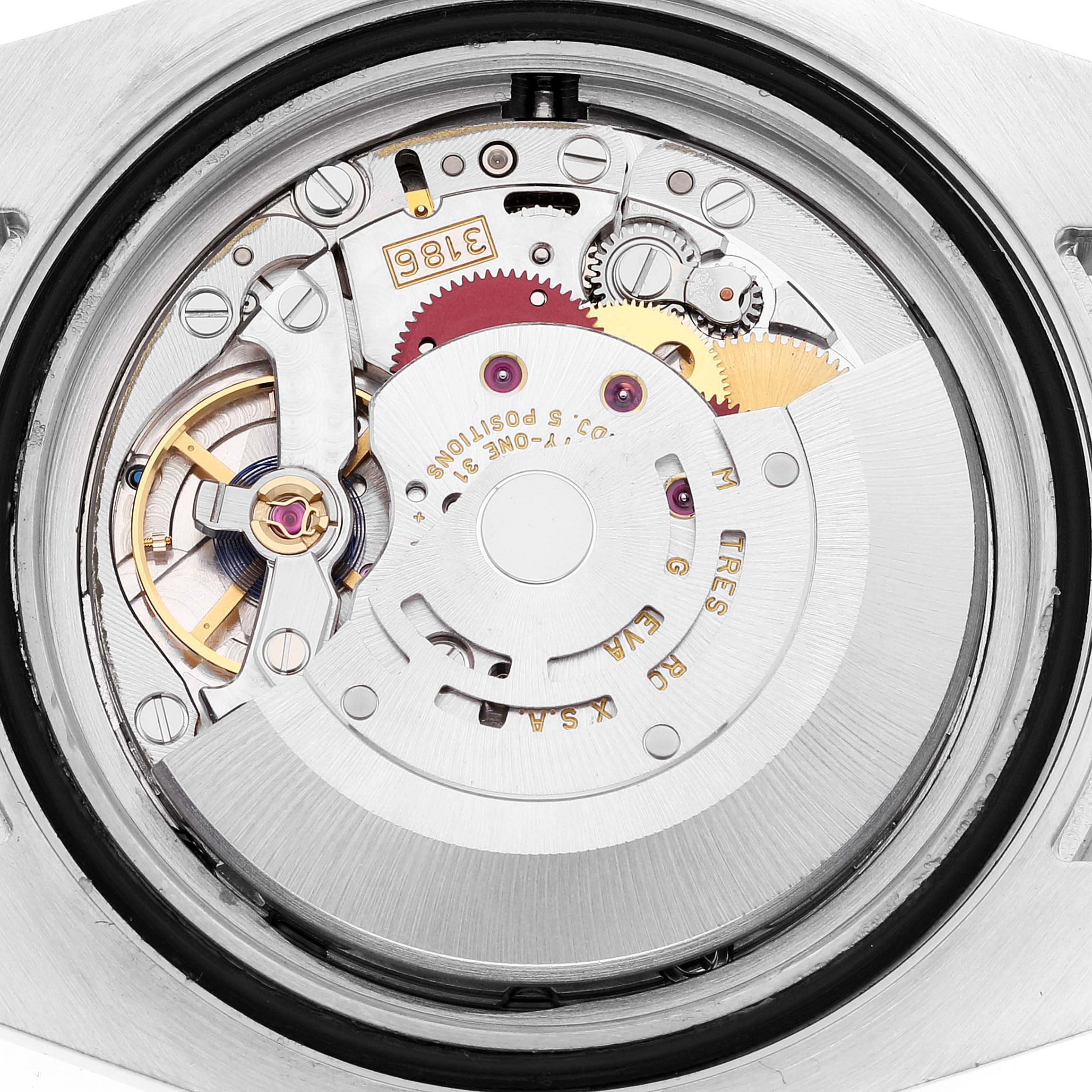 This image shows the internal movement mechanism of a Rolex GMT-Master 116710 Men
s Stainless Steel Black Dial 116710 Men
s Stainless Steel Black Dial watch from a rear angle.