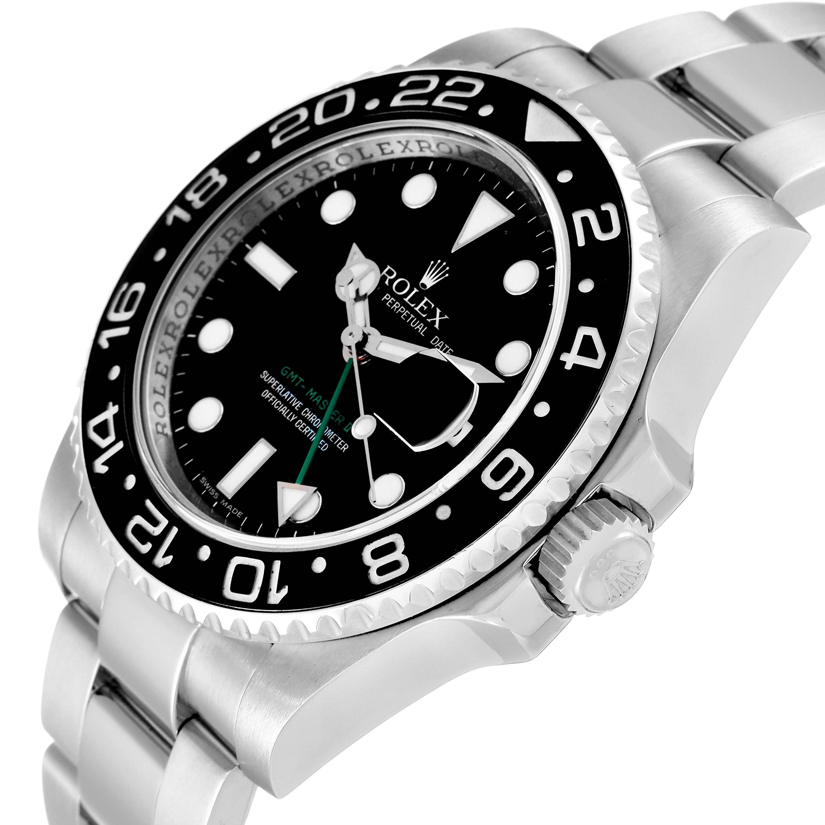 This image shows a close-up, angled view of the face and bezel of a Rolex GMT-Master 116710 Men
s Stainless Steel Black Dial 116710 Men
s Stainless Steel Black Dial watch, highlighting the markings and crown.