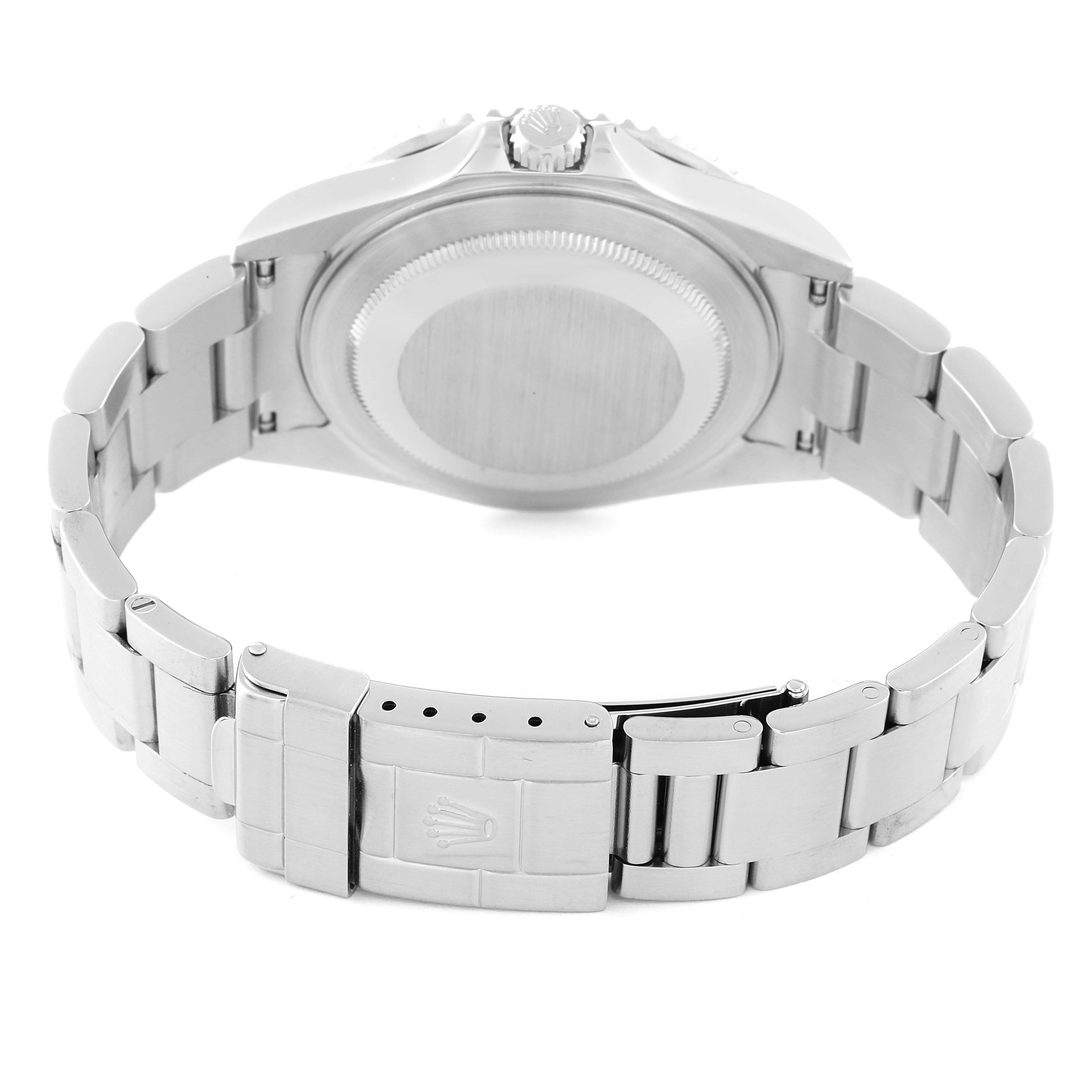 The image shows the back case and bracelet of a Rolex GMT-Master 16710 Men's Stainless Steel Black Dial 16710 Men's Stainless Steel Black Dial watch.