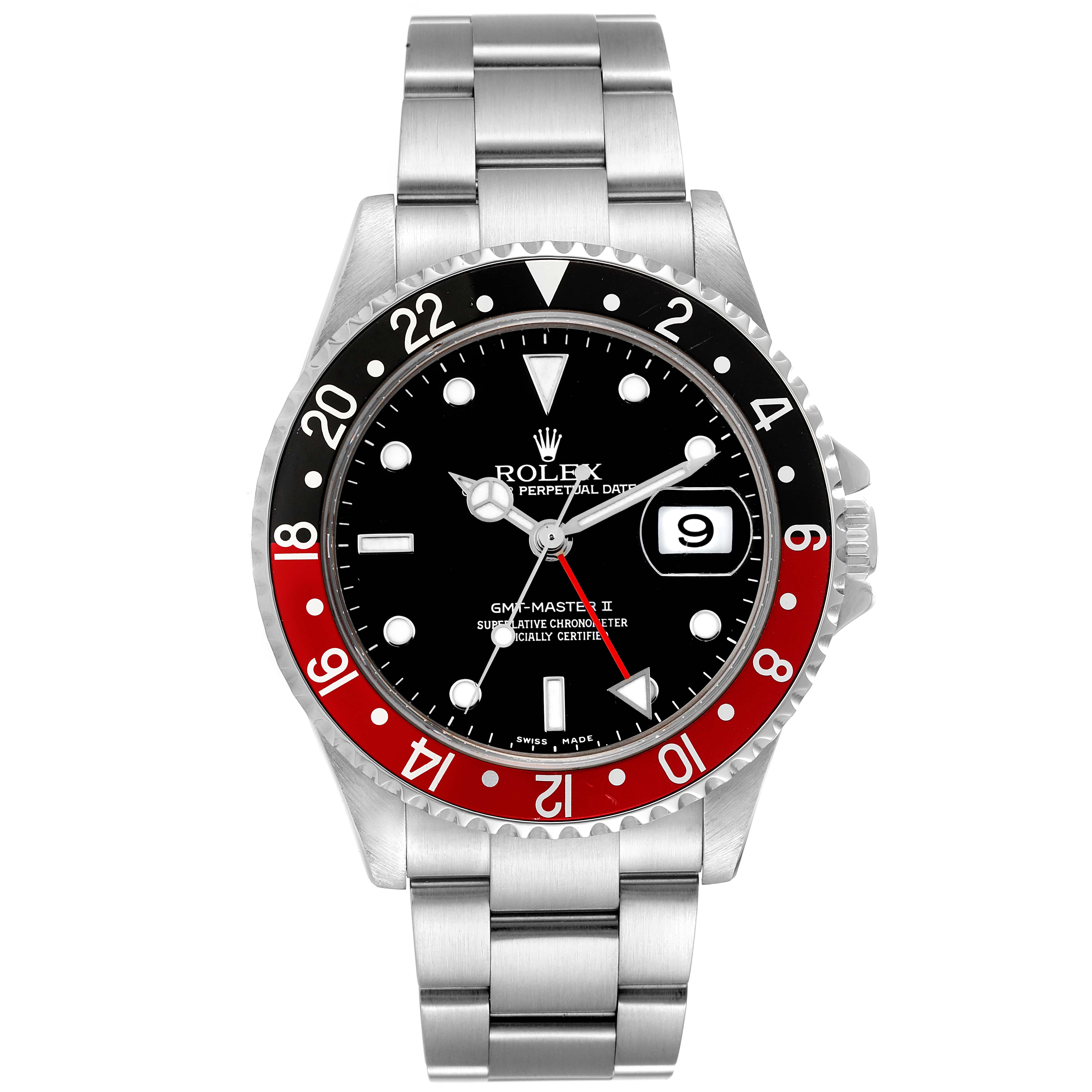 The Rolex GMT-Master 16710 Men's Stainless Steel Black Dial 16710 Men's Stainless Steel Black Dial shows a front view featuring its bezel, dial, bracelet, and date window.