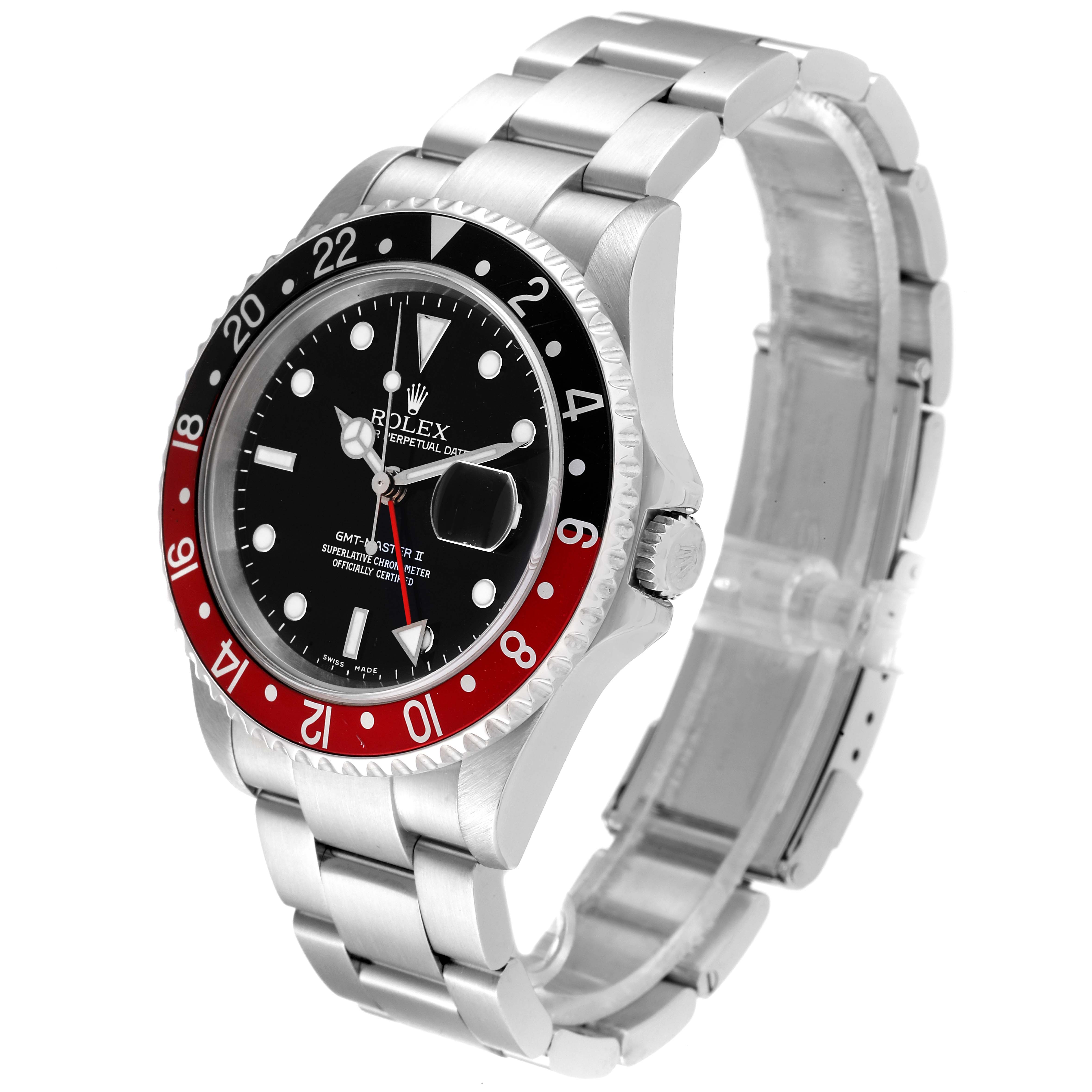 The image shows a Rolex GMT-Master 16710 Men's Stainless Steel Black Dial 16710 Men's Stainless Steel Black Dial watch from a three-quarter front angle, highlighting the dial, bezel, case, crown, and bracelet.