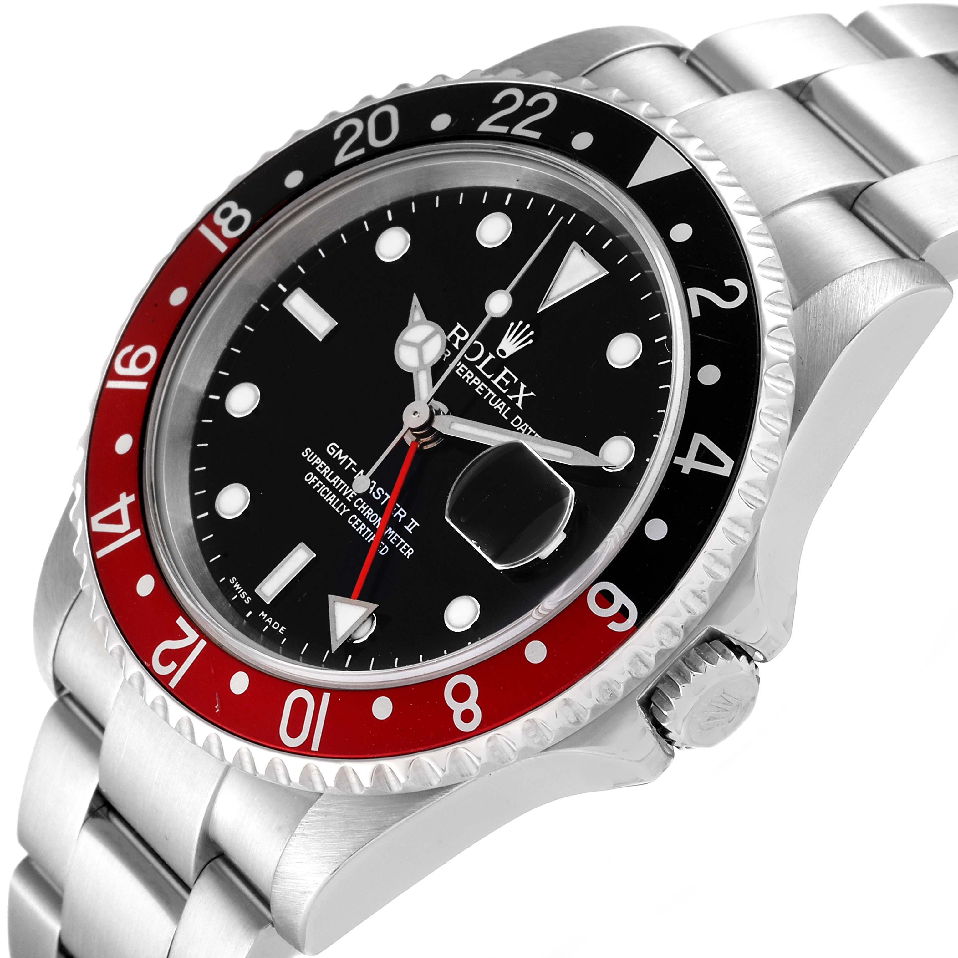This image shows a side-angle view of the Rolex GMT-Master 16710 Men's Stainless Steel Black Dial 16710 Men's Stainless Steel Black Dial watch, highlighting the bezel, dial, crown, and part of the band.