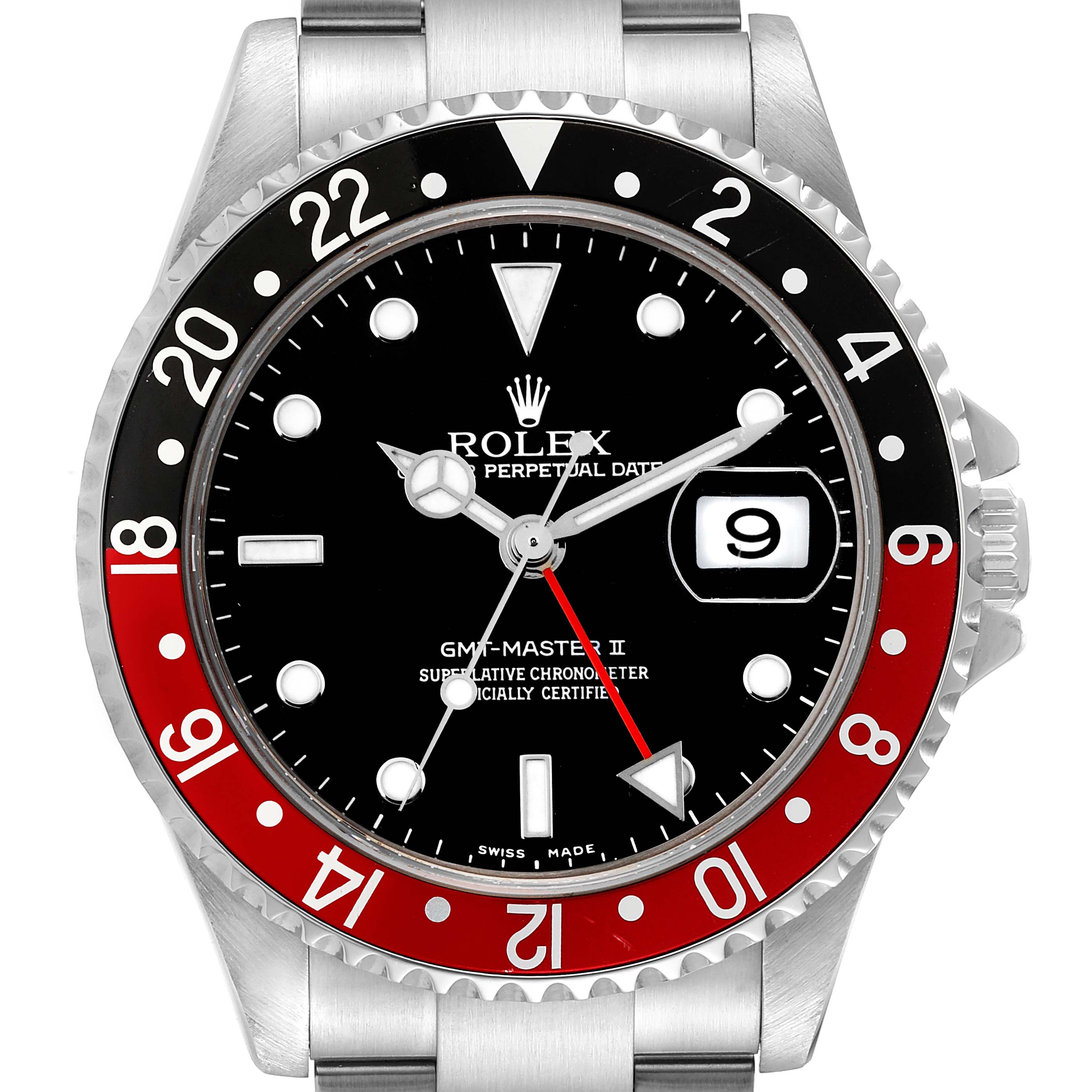 The image shows a front view of a Rolex GMT-Master 16710 Men's Stainless Steel Black Dial 16710 Men's Stainless Steel Black Dial II watch, highlighting the dial, bezel, hands, and date window.