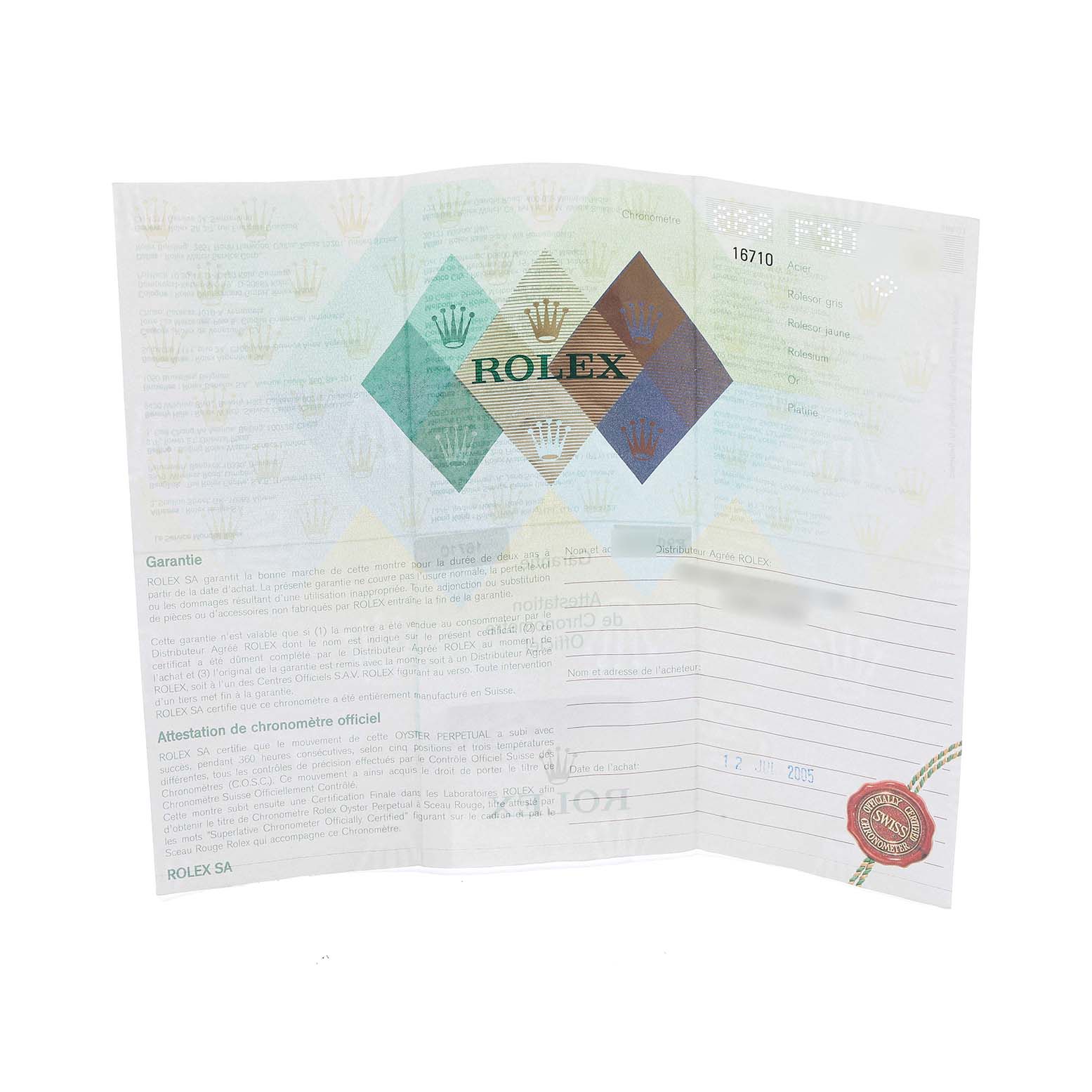 The image shows a warranty certificate for a Rolex GMT-Master 16710 Men
s Stainless Steel Black Dial watch, featuring brand logos and model information.