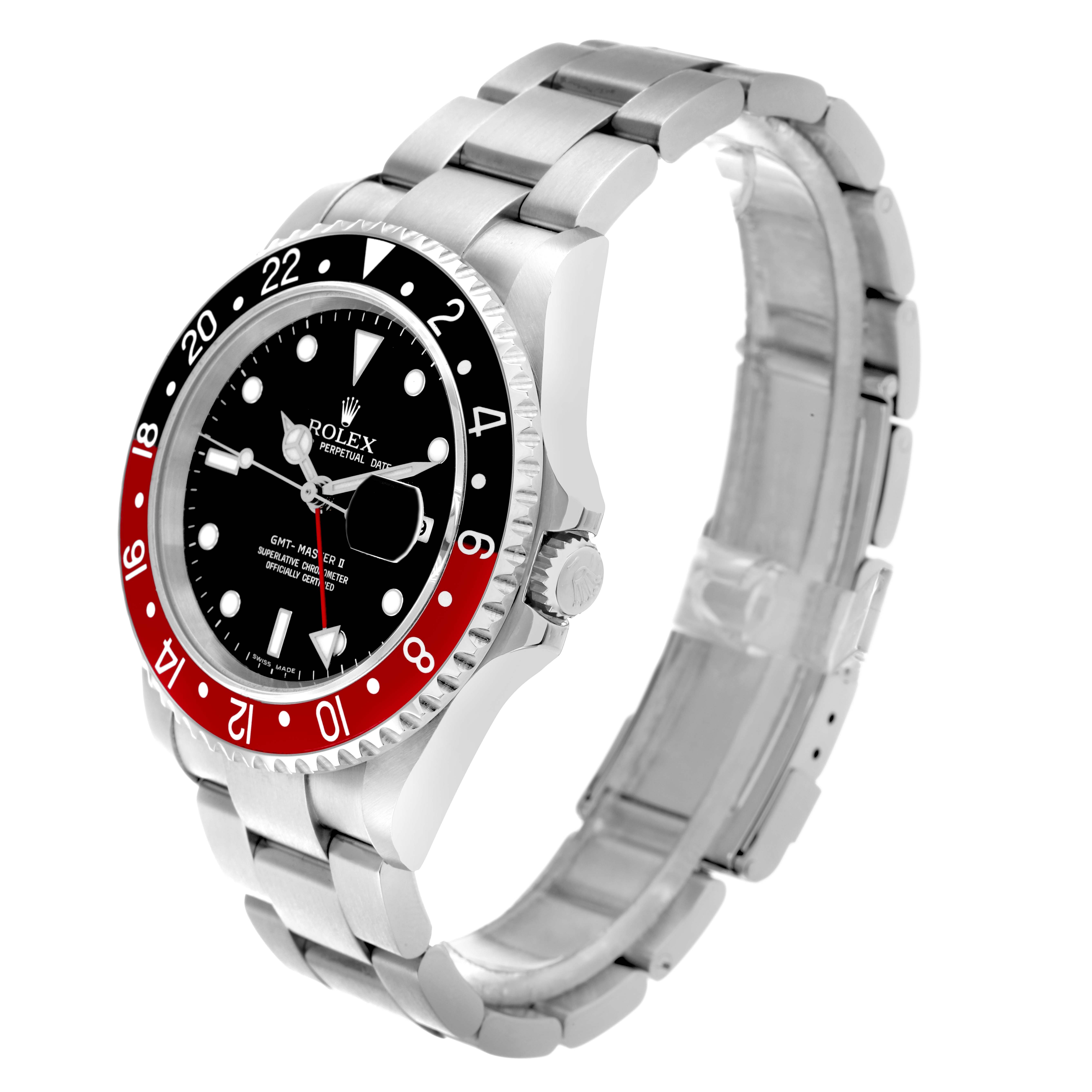 The Rolex GMT-Master 16710 Men
s Stainless Steel Black Dial watch is shown at a three-quarter angle, highlighting the dial, bezel, crown, and bracelet.