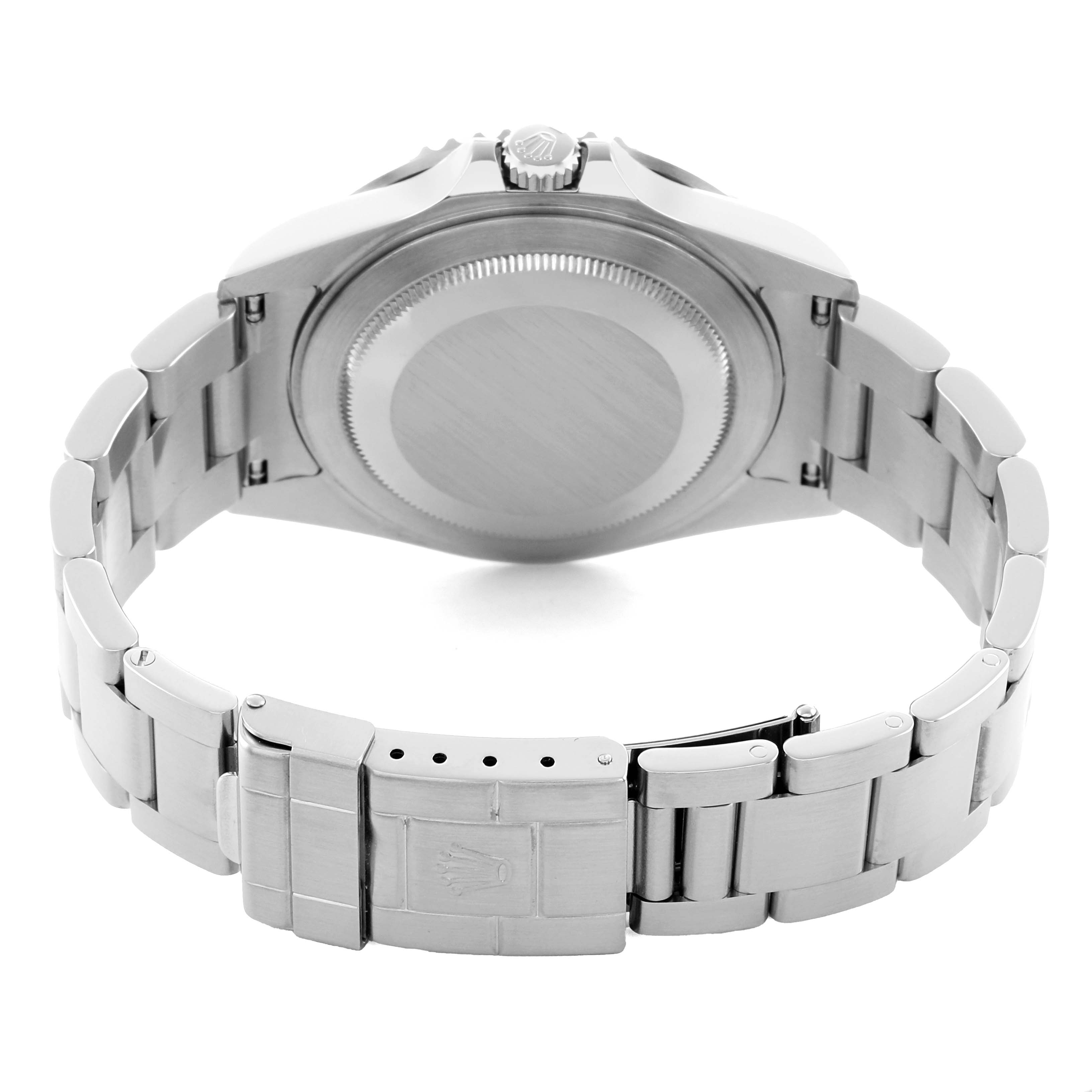 The image shows the back and bracelet of a Rolex GMT-Master 16710 Men
s Stainless Steel Black Dial, highlighting the clasp and case back.