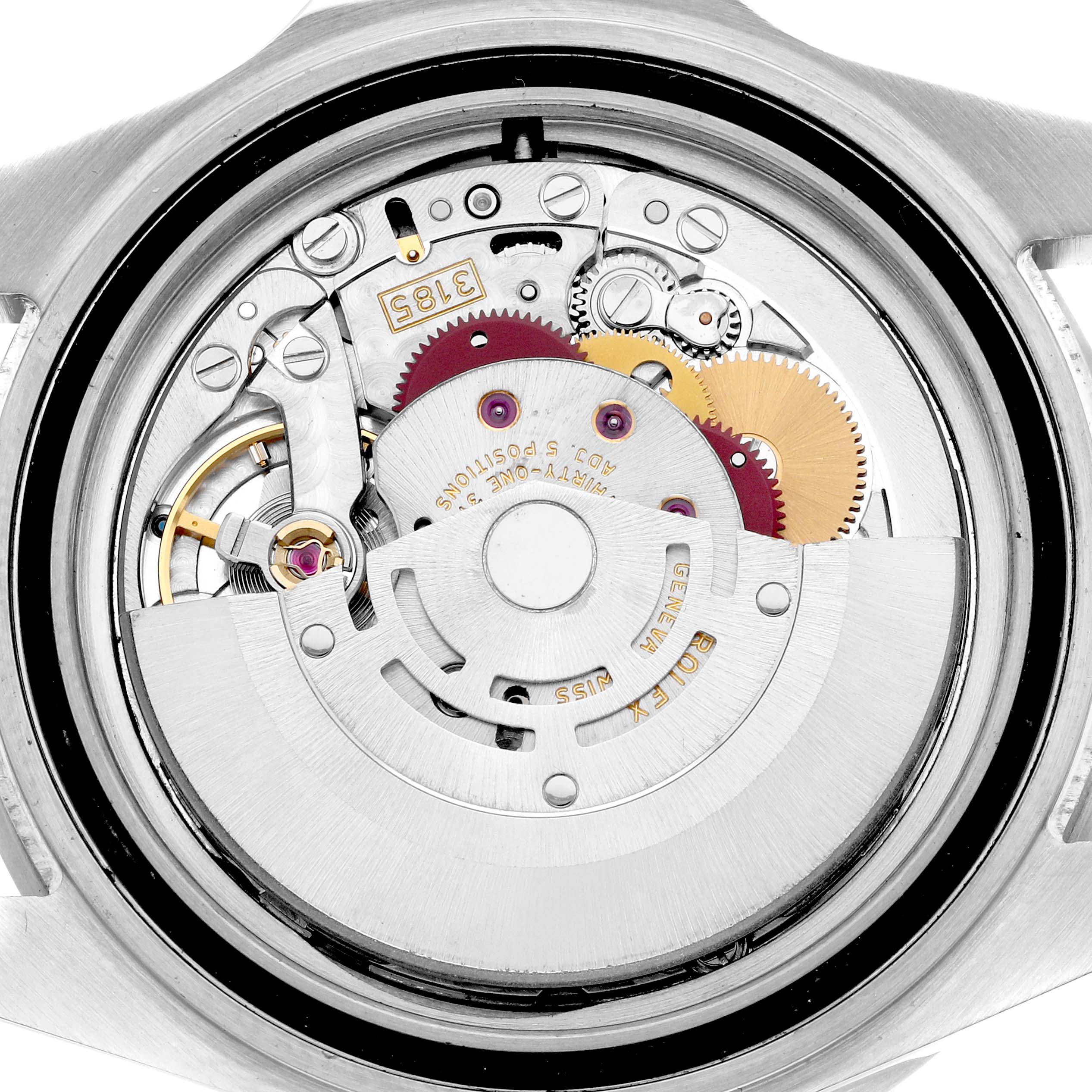 The image shows the movement of a Rolex GMT-Master 16710 Men
s Stainless Steel Black Dial watch, viewed from the back.