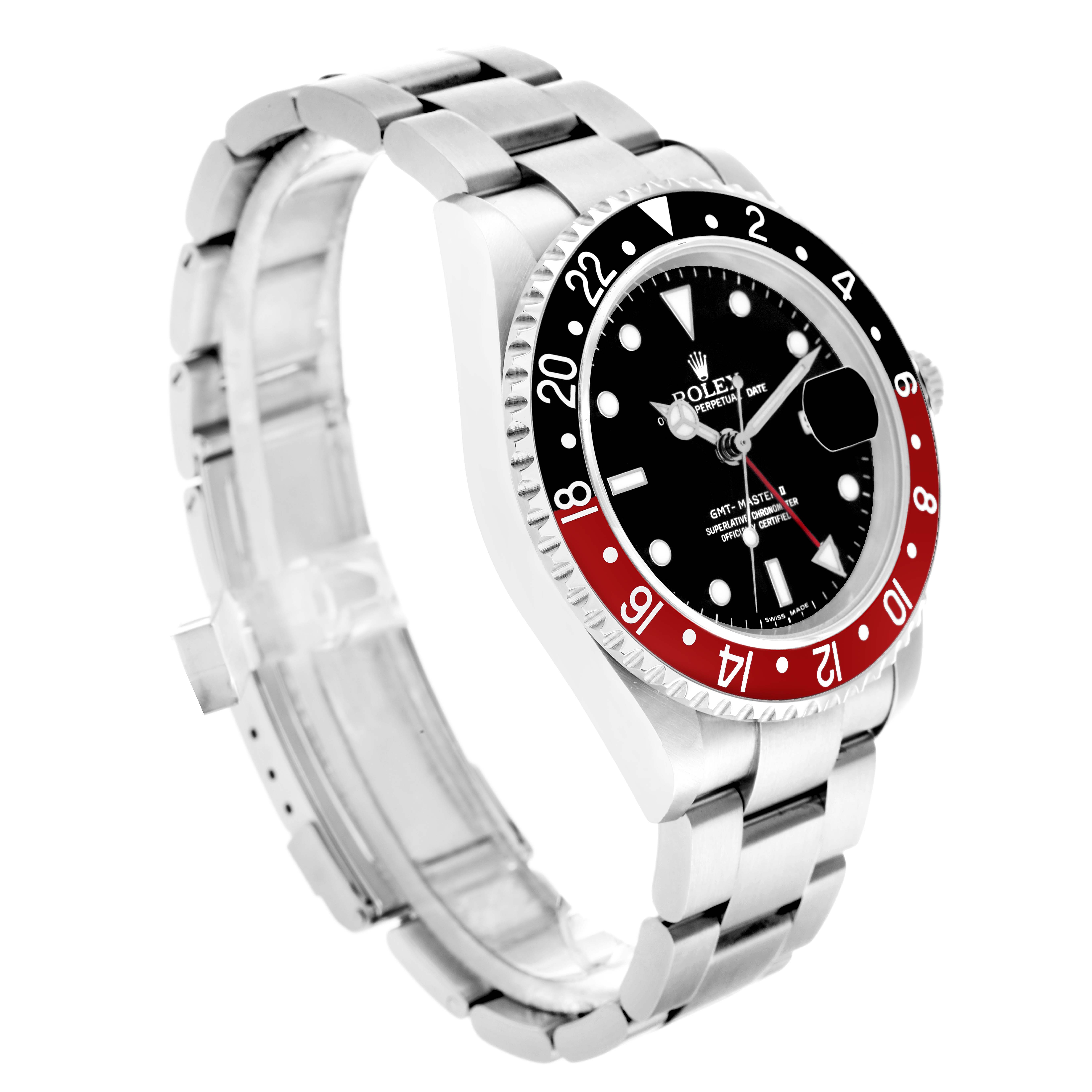 The Rolex GMT-Master 16710 Men
s Stainless Steel Black Dial watch is shown at an angled view, highlighting the bezel, dial, and bracelet.