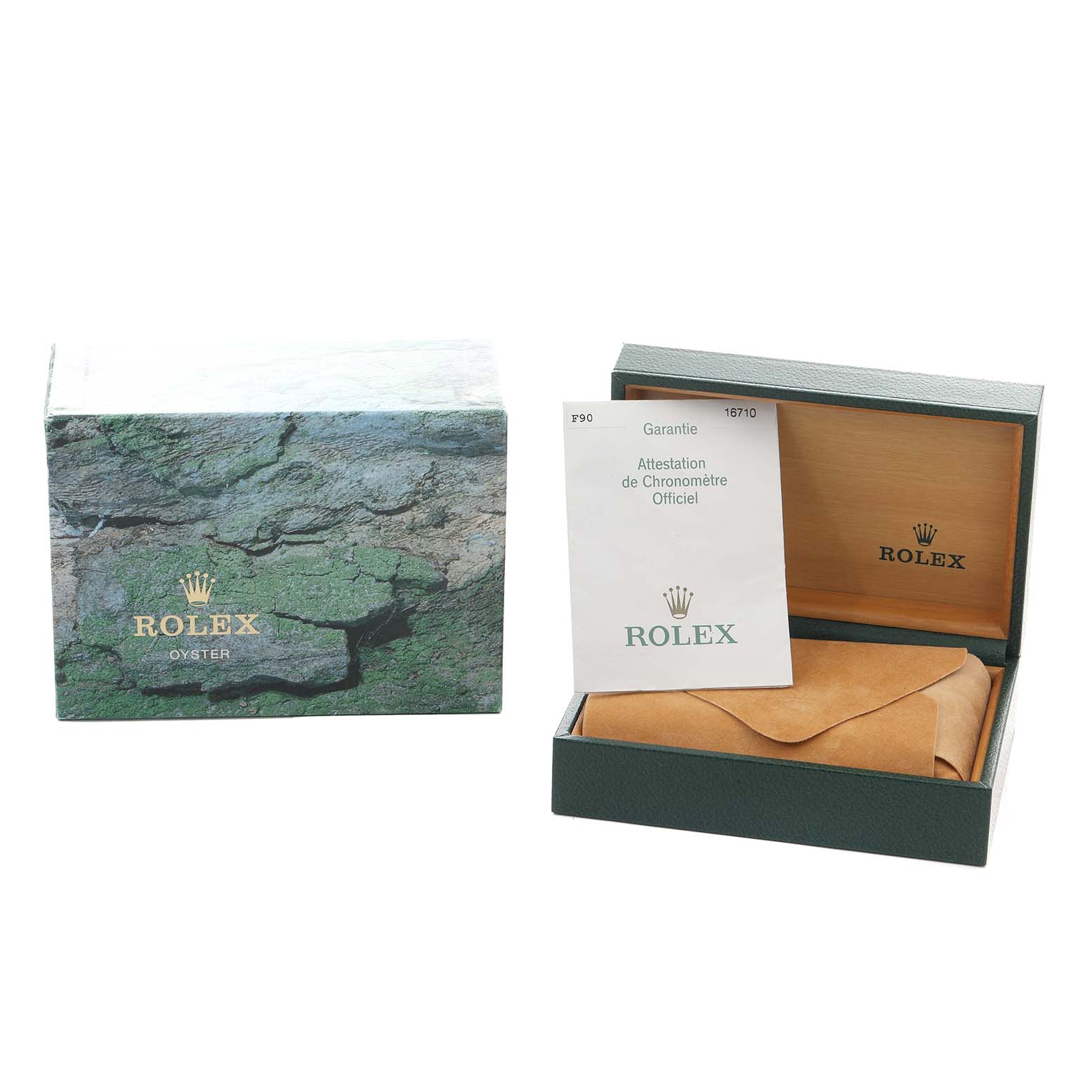 The image shows a closed Rolex GMT-Master 16710 Men
s Stainless Steel Black Dial box, outer box, and certificate, without the actual watch visible.