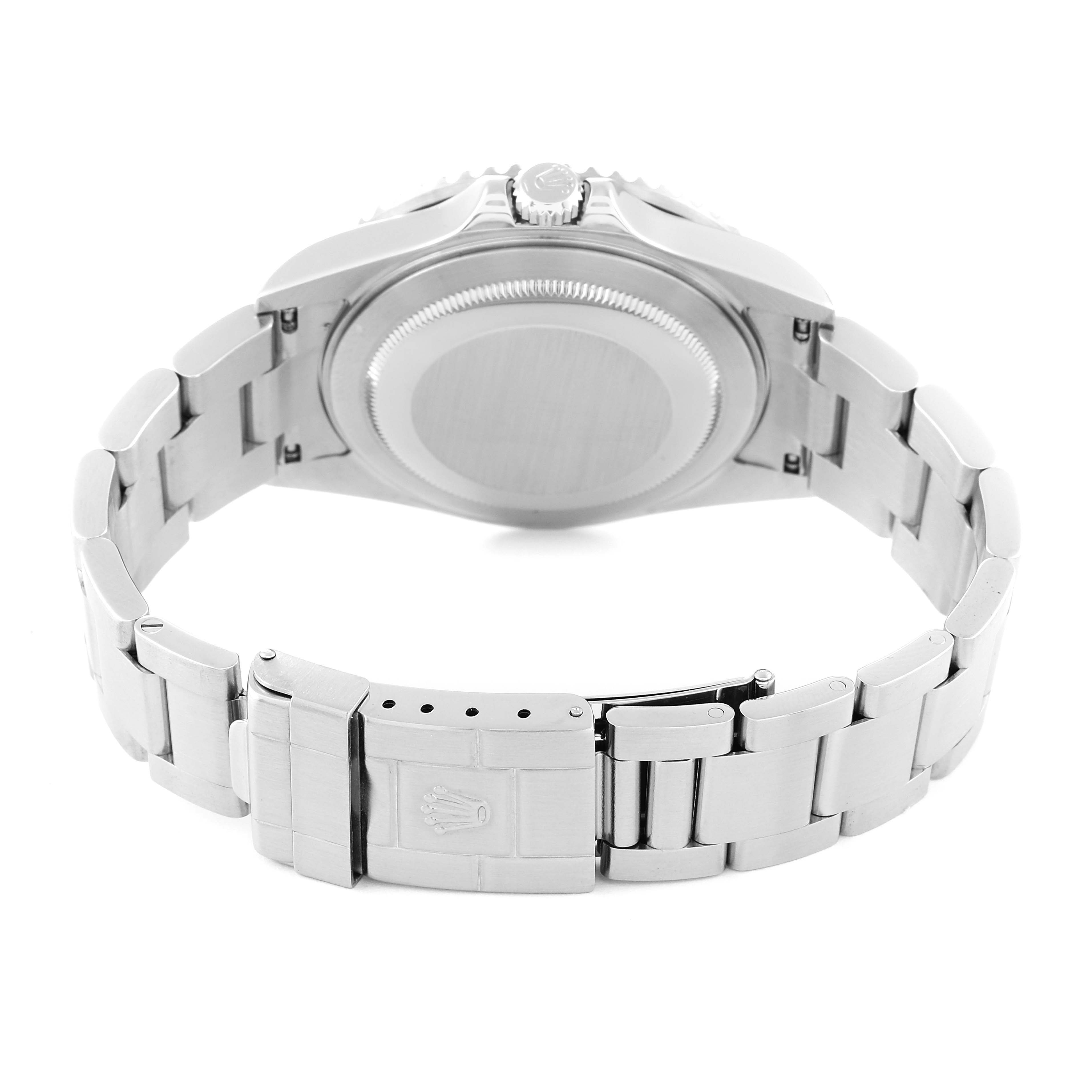 The image shows the back and bracelet clasp of a Rolex GMT-Master 16710 Men
s Stainless Steel Black Dial 16710 Men
s Stainless Steel Black Dial watch at a rear angle.