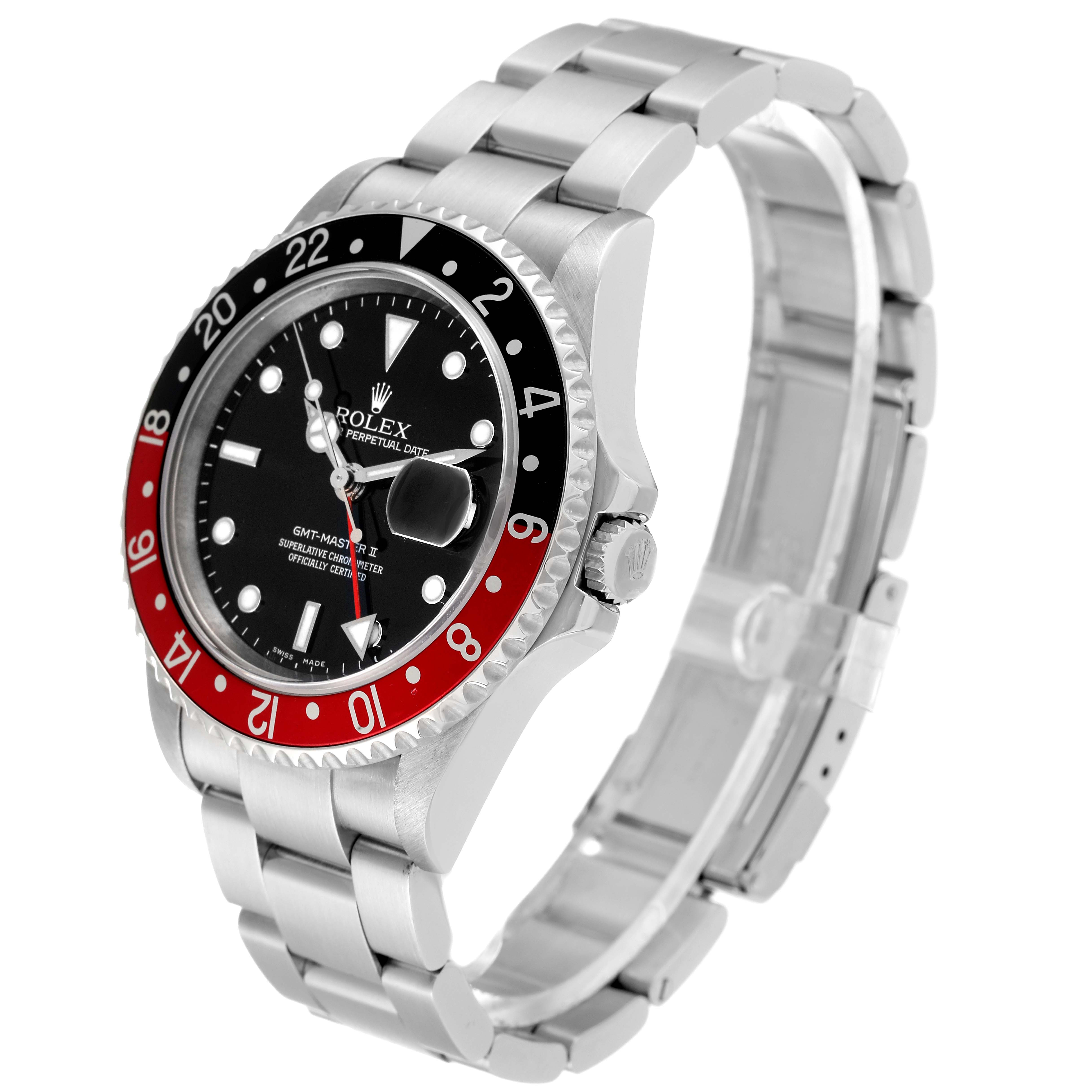 This Rolex GMT-Master 16710 Men
s Stainless Steel Black Dial 16710 Men
s Stainless Steel Black Dial watch is shown at an angle highlighting its bezel, dial, crown, and stainless steel bracelet.