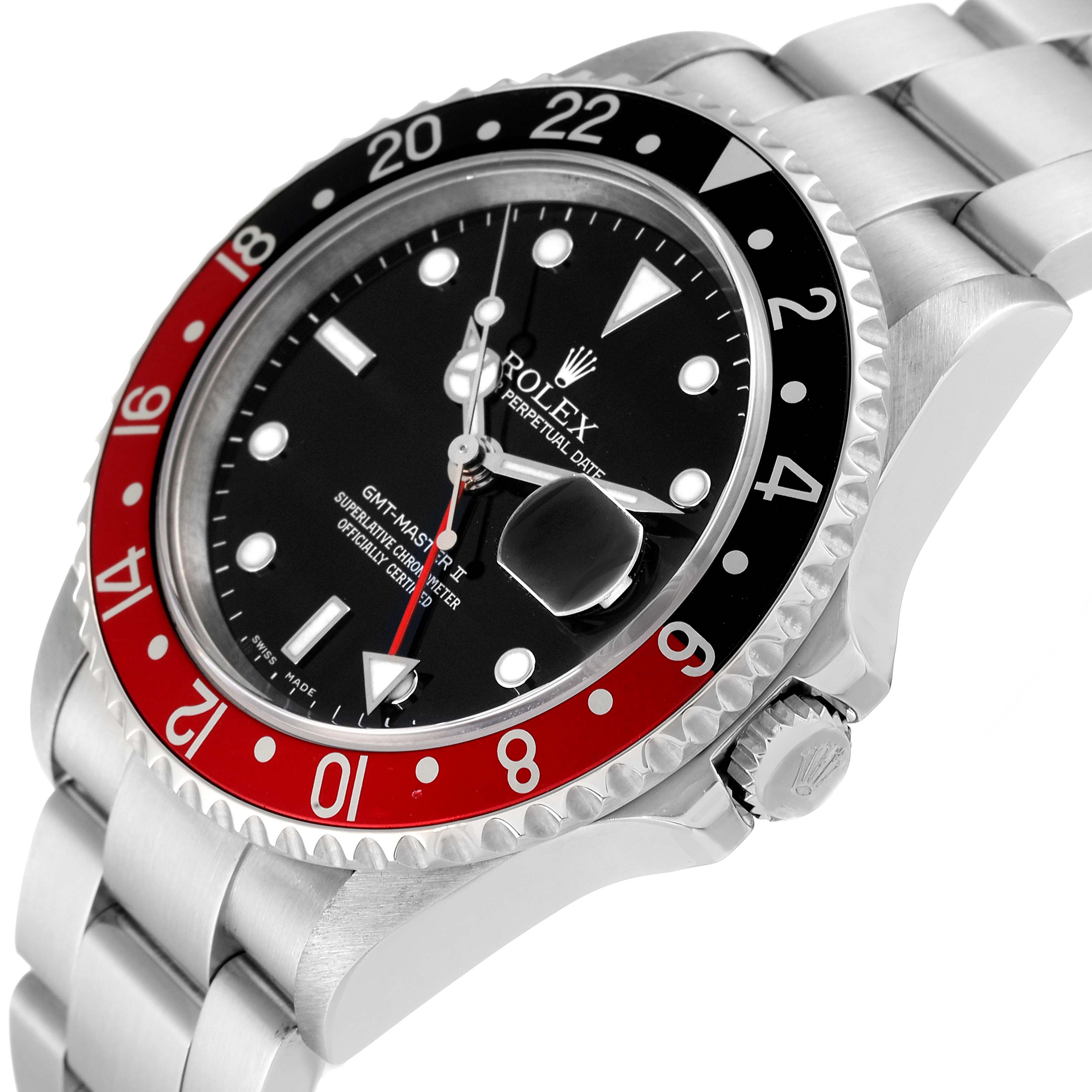 The image shows a Rolex GMT-Master 16710 Men
s Stainless Steel Black Dial 16710 Men
s Stainless Steel Black Dial II watch at a slight side angle, highlighting the bezel, dial, crown, and bracelet.
