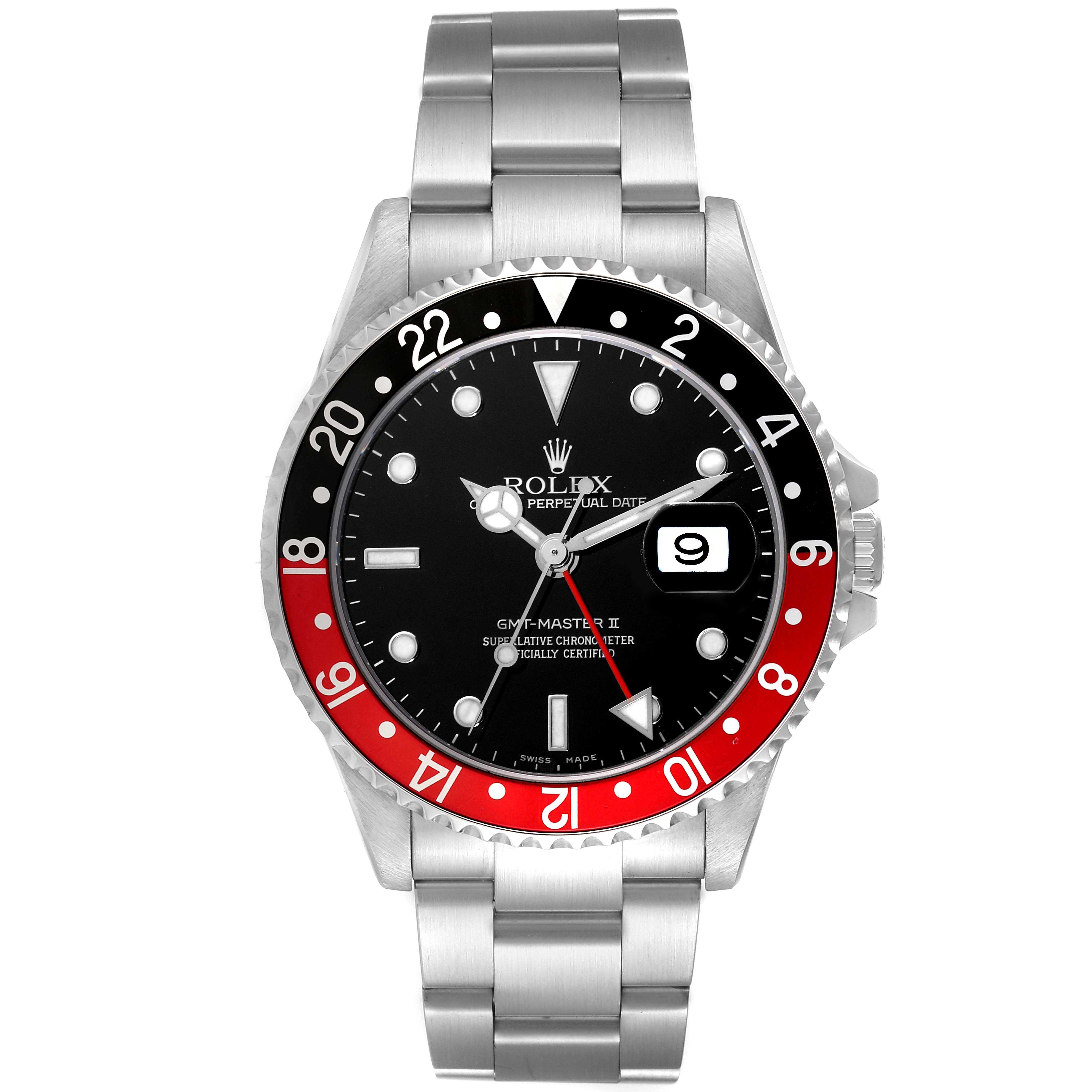 The Rolex GMT-Master 16710 Men
s Stainless Steel Black Dial 16710 Men
s Stainless Steel Black Dial II watch is shown from a front angle, highlighting its black and red bezel, dial, and stainless steel bracelet.