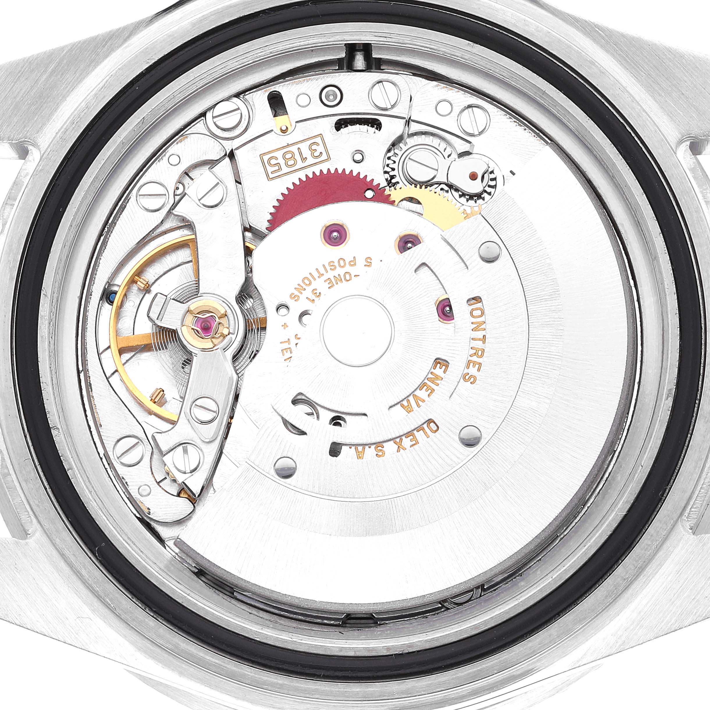 The image shows the internal mechanical movement of a Rolex GMT-Master 16710 Men
s Stainless Steel Black Dial 16710 Men
s Stainless Steel Black Dial watch from the back angle.