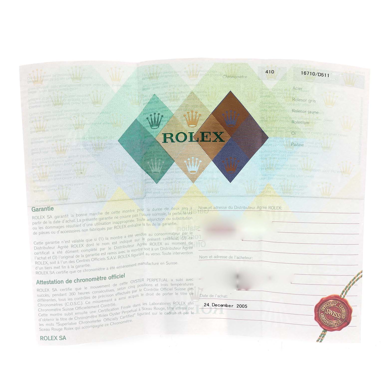 This image shows a warranty card for the Rolex GMT-Master 16710 Men
s Stainless Steel Black Dial 16710 Men
s Stainless Steel Black Dial watch model.