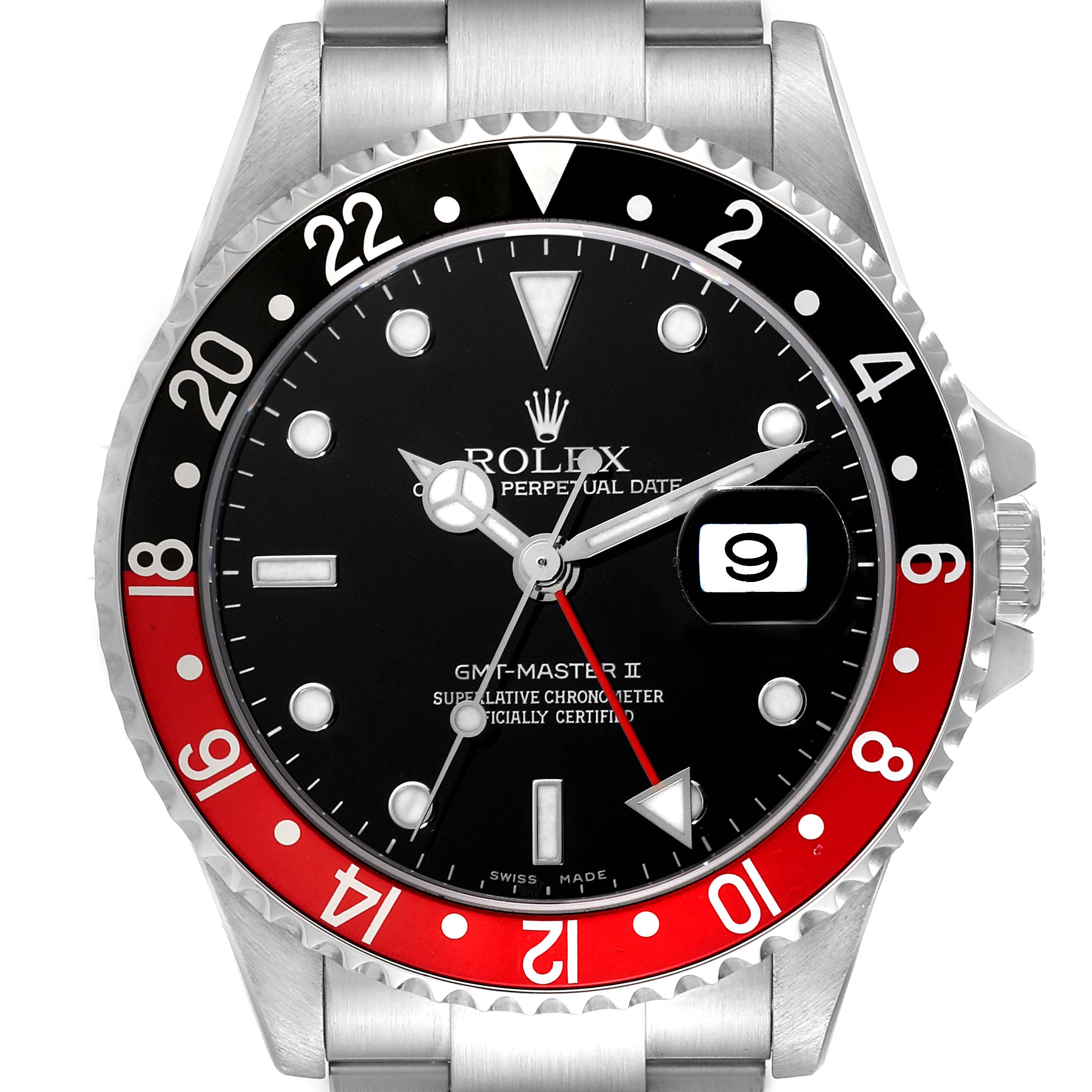 The image shows a front view of the Rolex GMT-Master 16710 Men
s Stainless Steel Black Dial 16710 Men
s Stainless Steel Black Dial watch, highlighting its bezel, dial, hands, and bracelet.