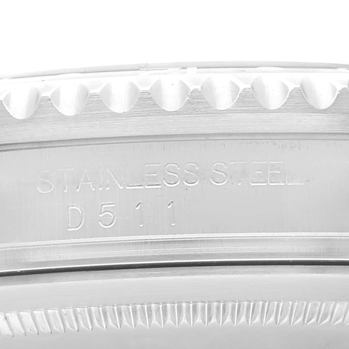 This close-up image shows the stainless steel case with engravings on the Rolex GMT-Master 16710 Men
s Stainless Steel Black Dial 16710 Men
s Stainless Steel Black Dial watch.