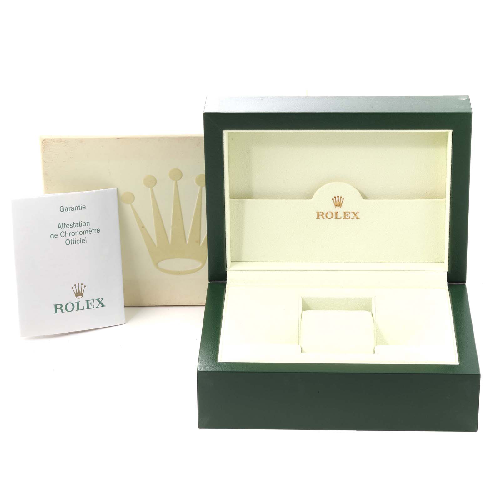 This image shows a Rolex GMT-Master 16710 Men
s Stainless Steel Black Dial 16710 Men
s Stainless Steel Black Dial watch box, including the outer box, inner box, and a warranty booklet.