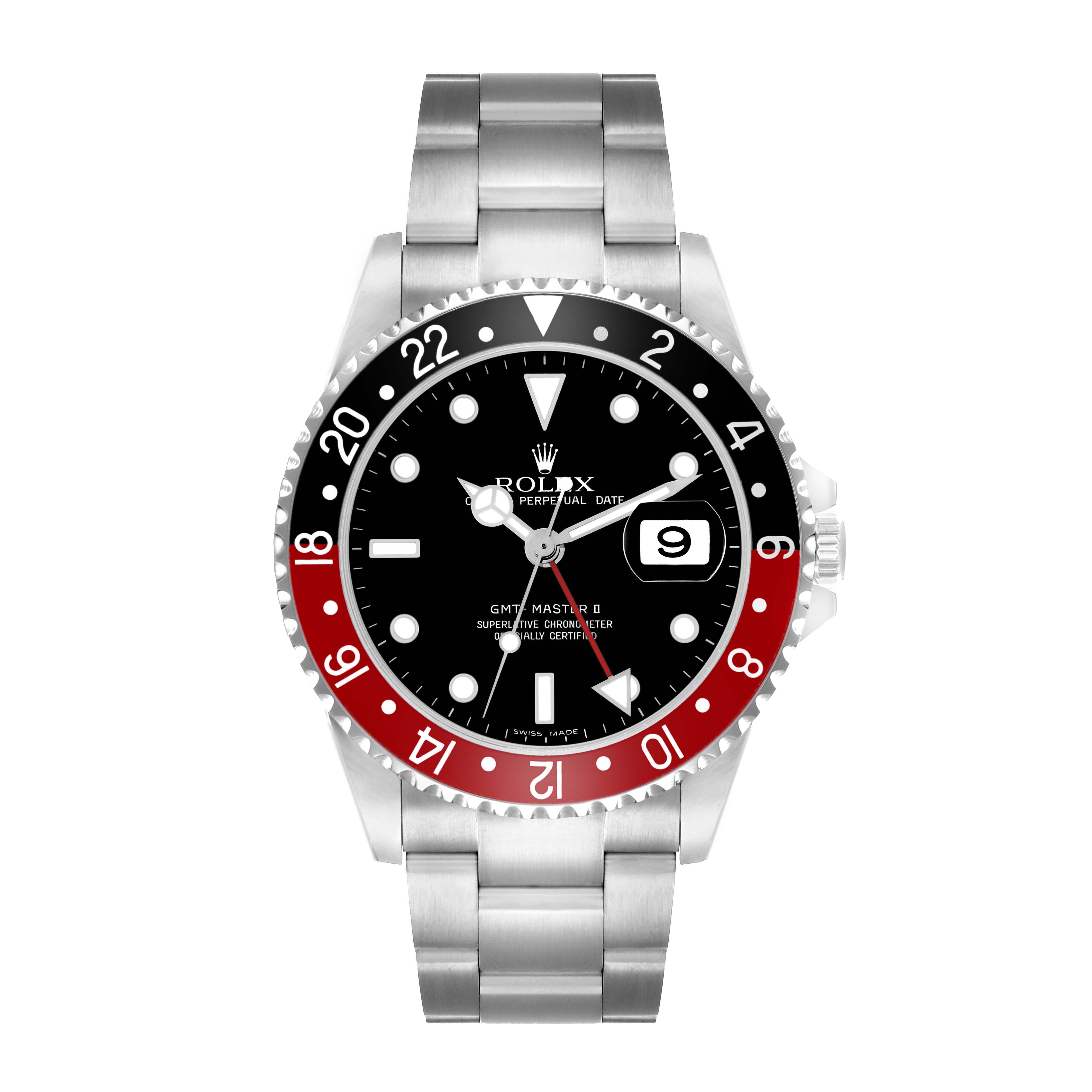 The Rolex GMT-Master 16710 Men
s Stainless Steel Black Dial watch is shown from a front angle, highlighting the bezel, dial, hands, and bracelet.