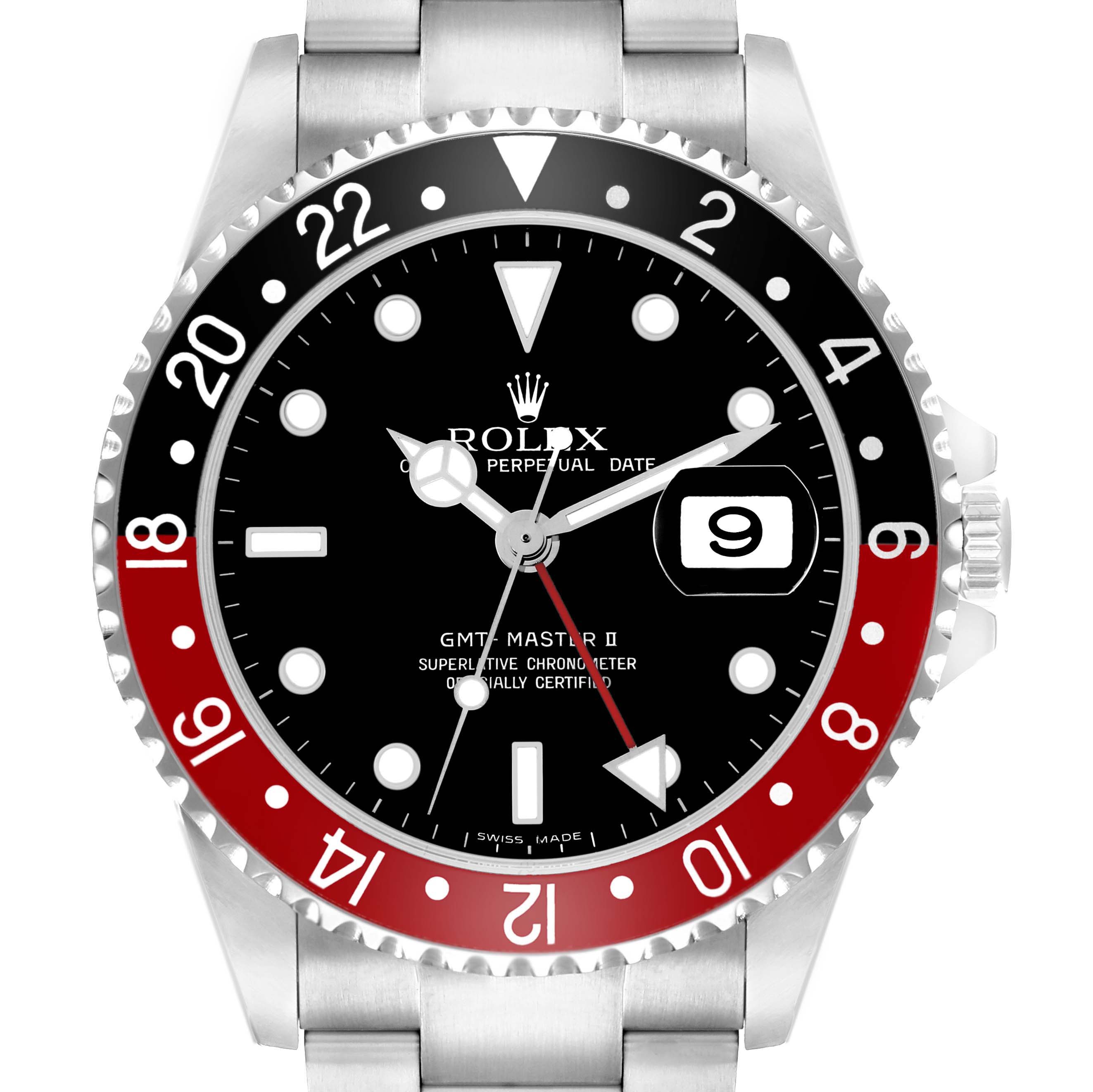 The image shows a front view of the Rolex GMT-Master 16710 Men
s Stainless Steel Black Dial II watch, highlighting the bezel, dial, and date magnifier.